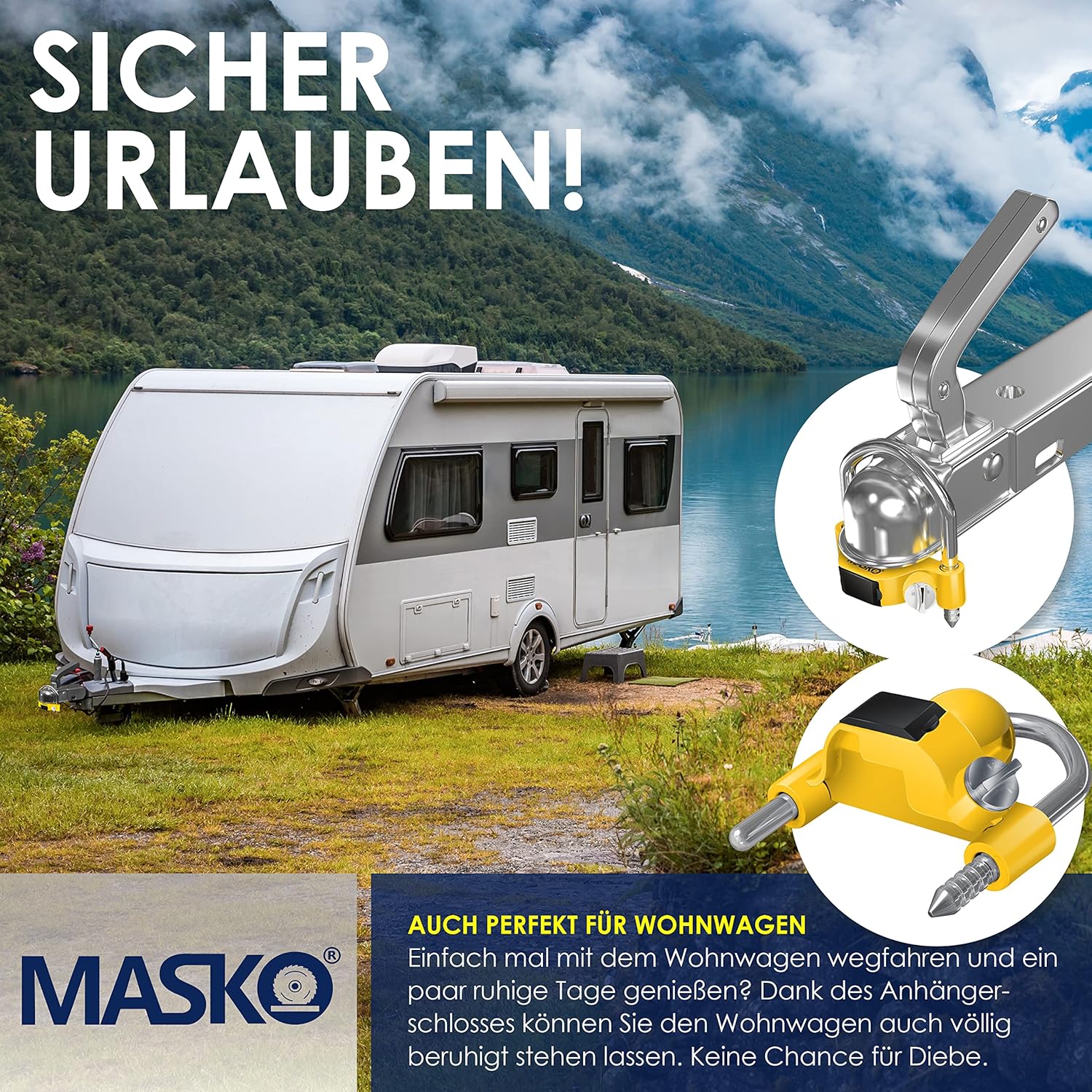 MASKO® Anhängerschloss Zahlenschloss mit 4 Stellig Code für gängige Anhängerkupplung Anhängerkugelsperrkupplung einfache Montage Diebstahlschutz Wohnwagen Anhänger Abschleppsperre Stahlbügel Gelb — Ansicht 4