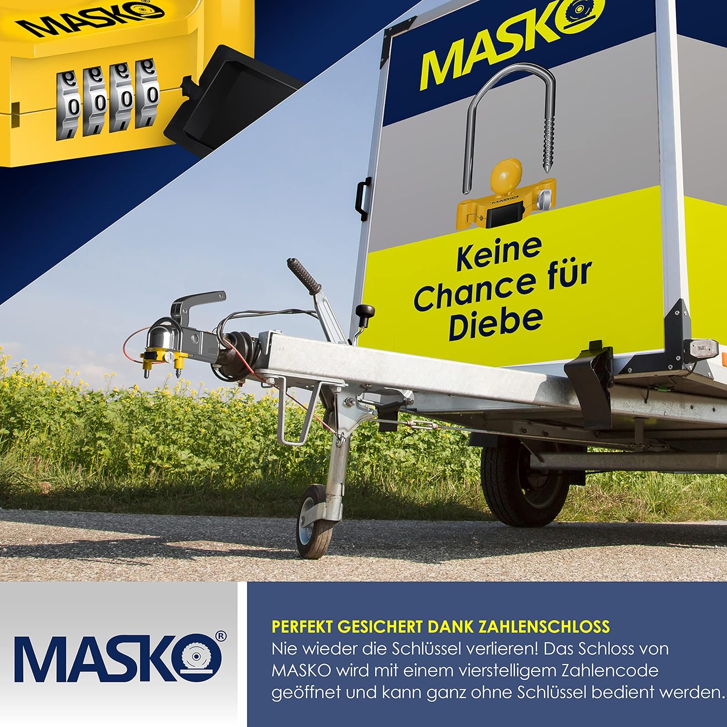 MASKO® Anhängerschloss Zahlenschloss mit 4 Stellig Code für gängige Anhängerkupplung Anhängerkugelsperrkupplung einfache Montage Diebstahlschutz Wohnwagen Anhänger Abschleppsperre Stahlbügel Gelb — Ansicht 5