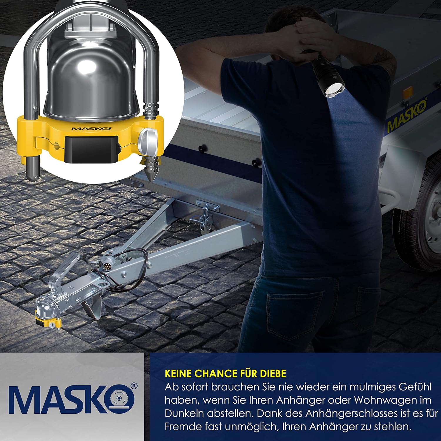 MASKO® Anhängerschloss Zahlenschloss mit 4 Stellig Code für gängige Anhängerkupplung Anhängerkugelsperrkupplung einfache Montage Diebstahlschutz Wohnwagen Anhänger Abschleppsperre Stahlbügel Gelb — Ansicht 6