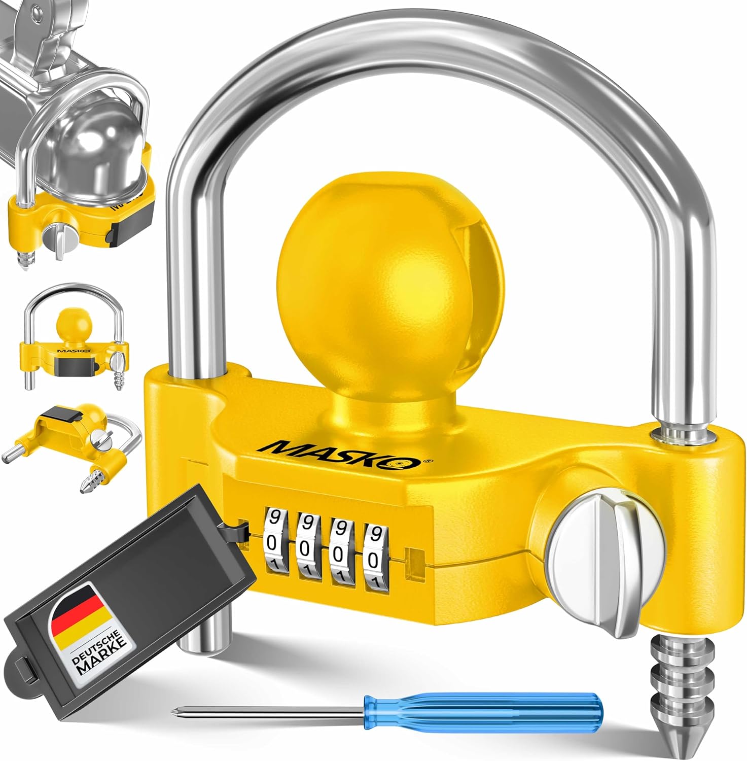 MASKO® Anhängerschloss Zahlenschloss mit 4 Stellig Code für gängige Anhängerkupplung Anhängerkugelsperrkupplung einfache Montage Diebstahlschutz Wohnwagen Anhänger Abschleppsperre Stahlbügel Gelb