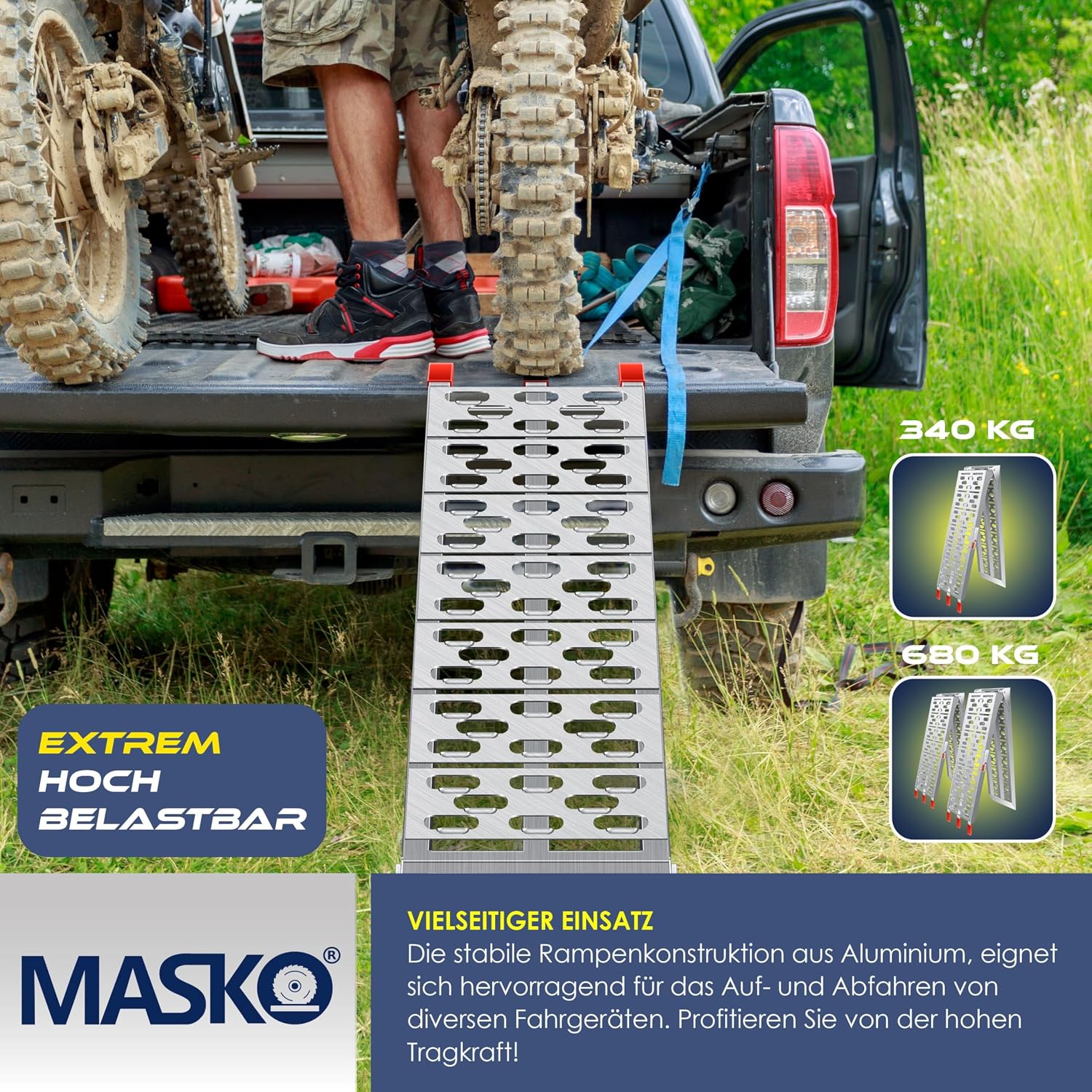 MASKO® Auffahrrampe 340kg Faltbare ALU Verladerampe Max 680kg* Pro Paar Verladeschiene Antirutsch Klappbar max. 340kg* pro Stück Motorrad ATV Quad PKW Auto Laderampe,1x Auffahrrampe Silber — Ansicht 2