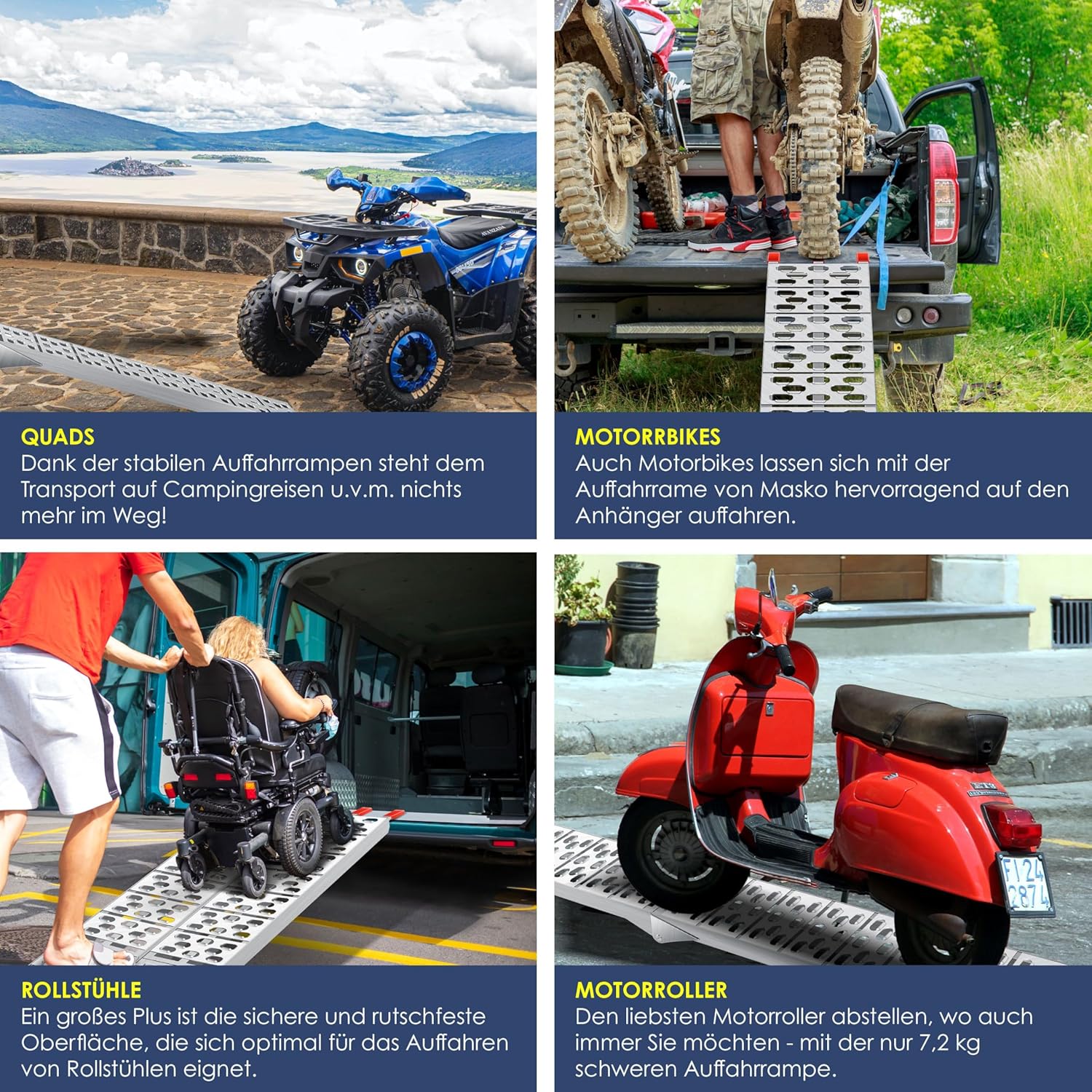 MASKO® Auffahrrampe 340kg Faltbare ALU Verladerampe Max 680kg* Pro Paar Verladeschiene Antirutsch Klappbar max. 340kg* pro Stück Motorrad ATV Quad PKW Auto Laderampe,1x Auffahrrampe Silber — Ansicht 4