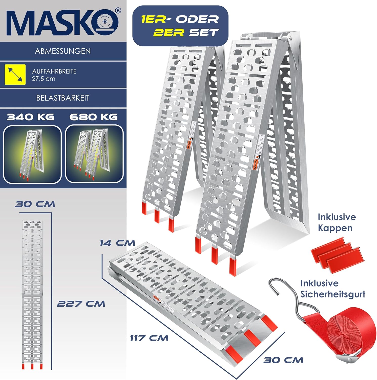 MASKO® Auffahrrampe 340kg Faltbare ALU Verladerampe Max 680kg* Pro Paar Verladeschiene Antirutsch Klappbar max. 340kg* pro Stück Motorrad ATV Quad PKW Auto Laderampe,1x Auffahrrampe Silber — Ansicht 6
