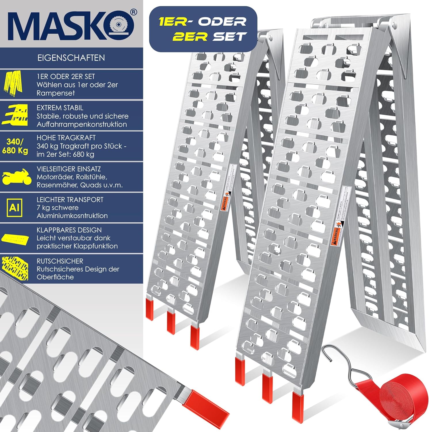 MASKO® Auffahrrampe 340kg Faltbare ALU Verladerampe Max 680kg* Pro Paar Verladeschiene Antirutsch Klappbar max. 340kg* pro Stück Motorrad ATV Quad PKW Auto Laderampe,1x Auffahrrampe Silber