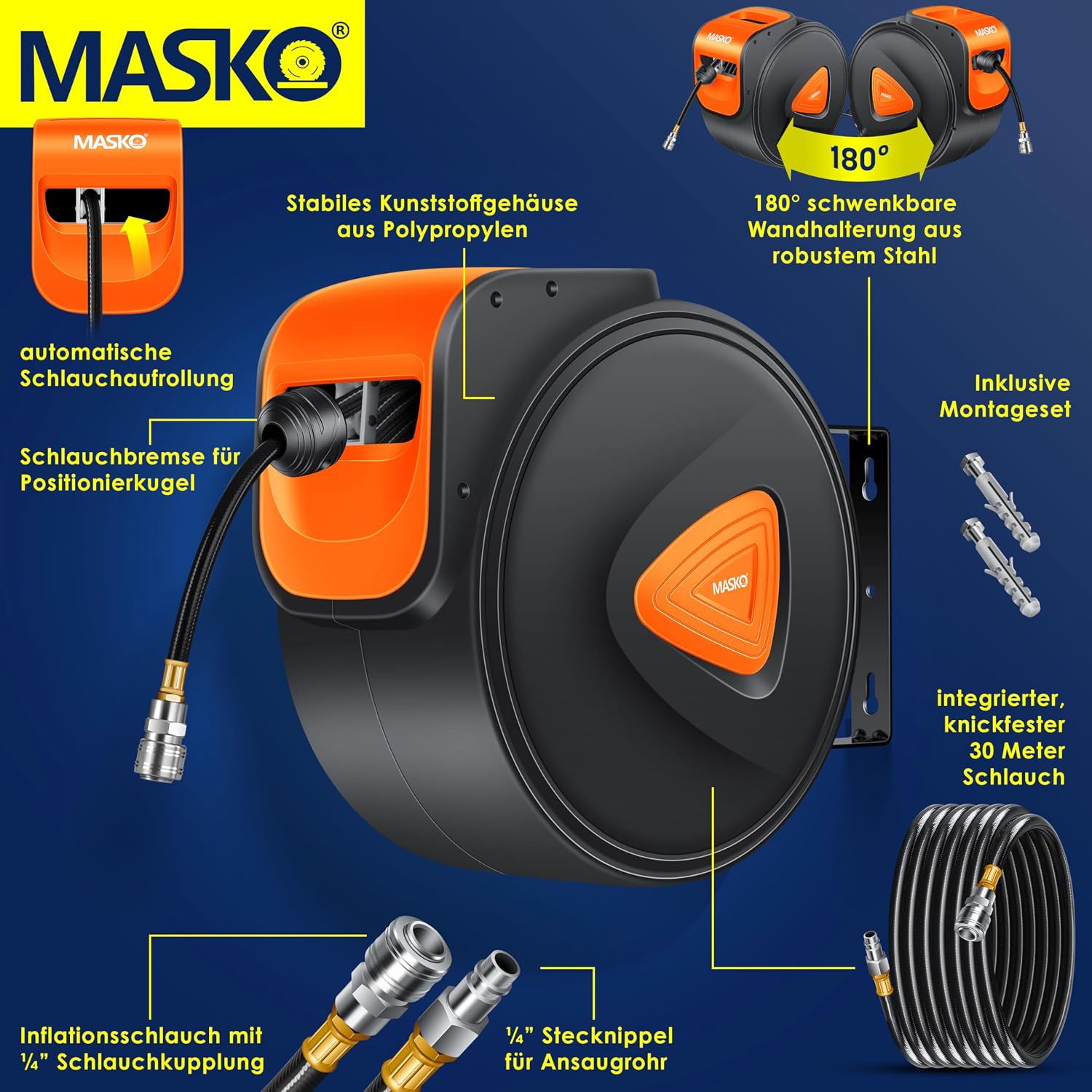 MASKO® Automatik Druckluftschlauch Aufroller 30m – Schlauchtrommel mit 1/4" Anschluss, Schlauchaufroller, Wandhalterung, Tragegriff, 180° schwenkbar, Schlauchbremse, vormontiert & sofort einsatzbereit — Ansicht 2