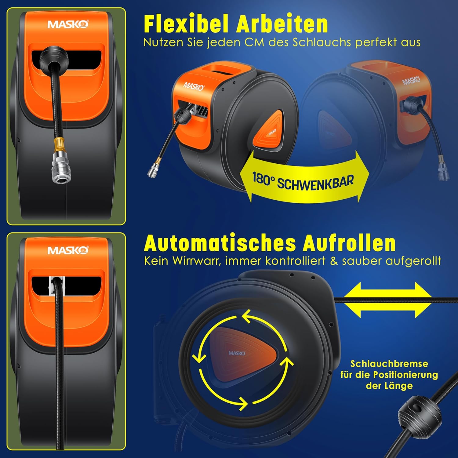 MASKO® Automatik Druckluftschlauch Aufroller 30m – Schlauchtrommel mit 1/4" Anschluss, Schlauchaufroller, Wandhalterung, Tragegriff, 180° schwenkbar, Schlauchbremse, vormontiert & sofort einsatzbereit — Ansicht 3