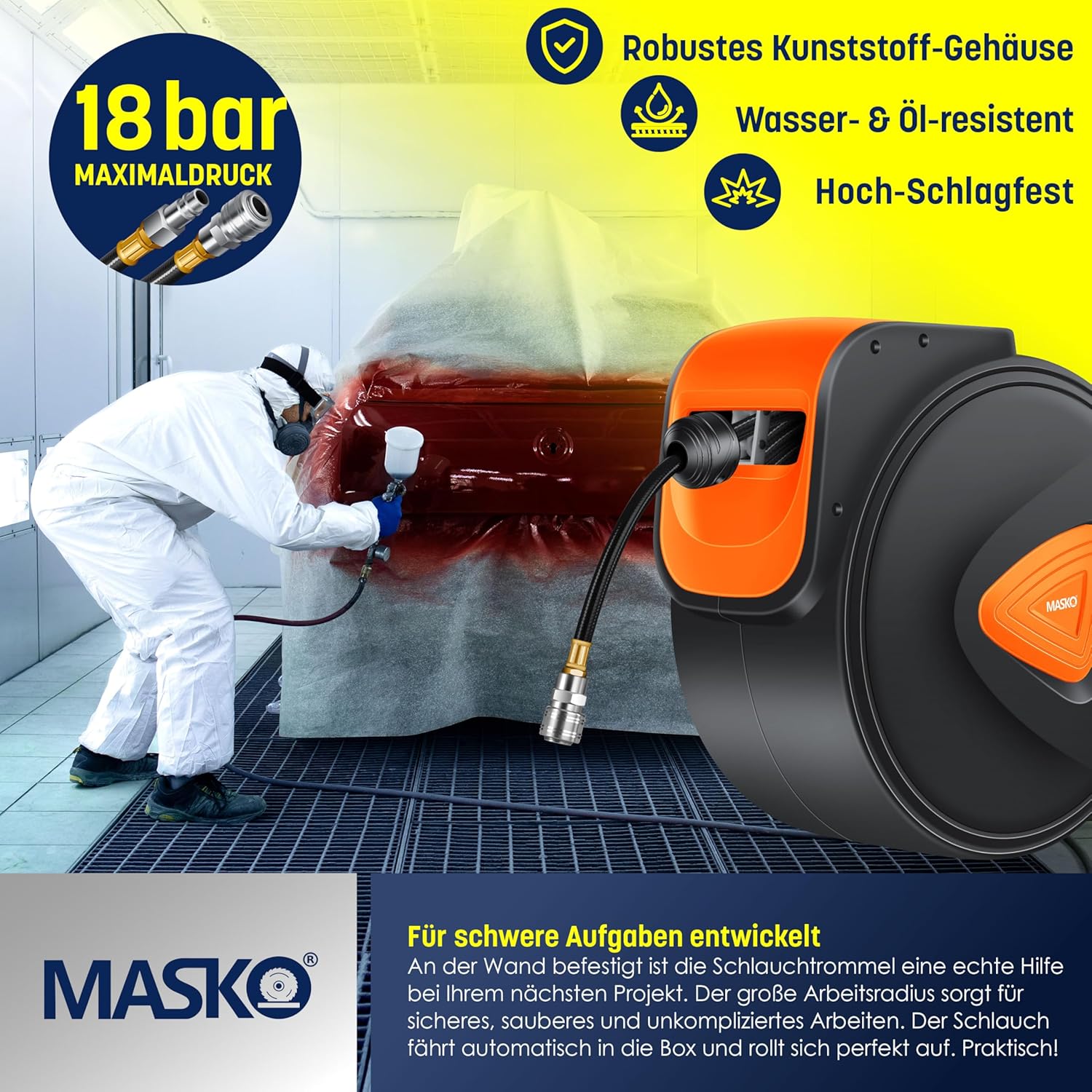 MASKO® Automatik Druckluftschlauch Aufroller 30m – Schlauchtrommel mit 1/4" Anschluss, Schlauchaufroller, Wandhalterung, Tragegriff, 180° schwenkbar, Schlauchbremse, vormontiert & sofort einsatzbereit — Ansicht 4