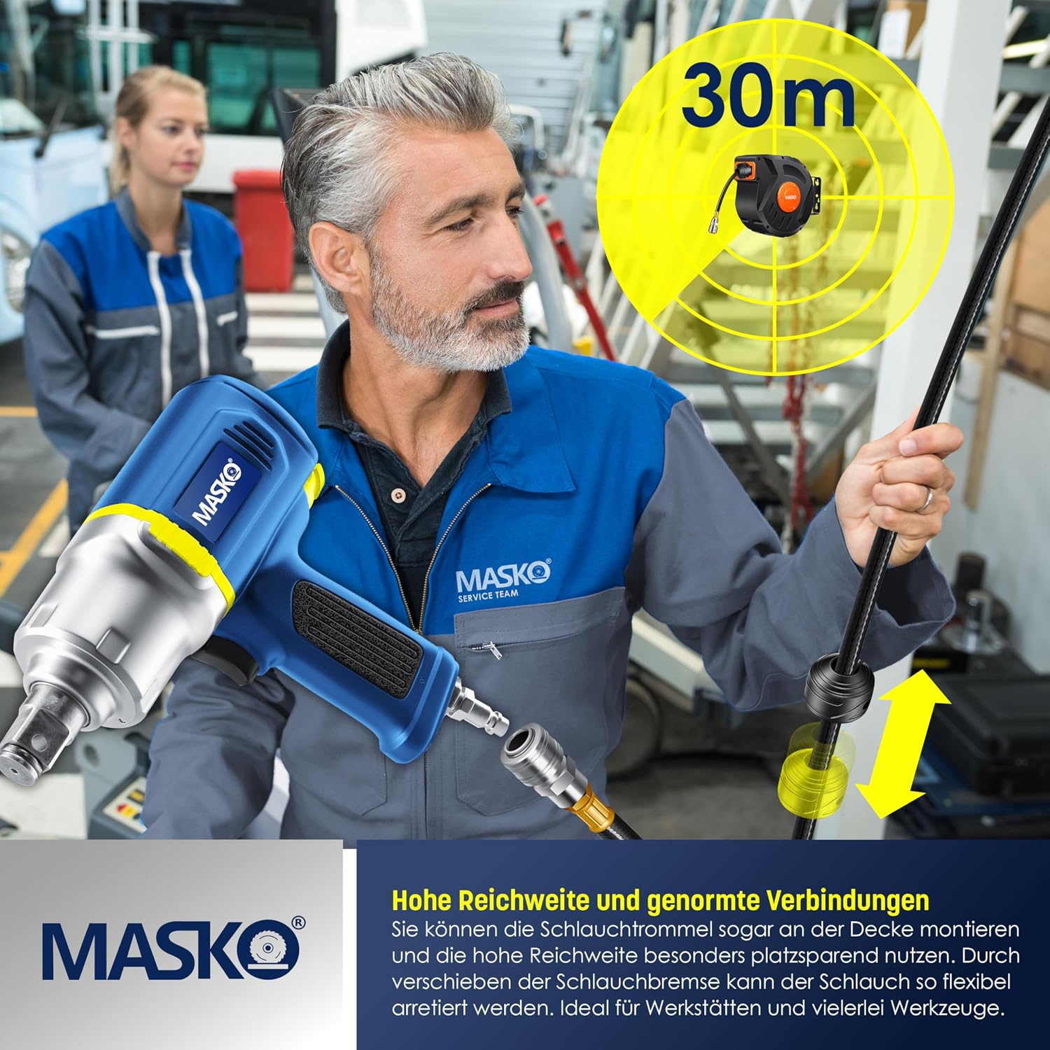 MASKO® Automatik Druckluftschlauch Aufroller 30m – Schlauchtrommel mit 1/4" Anschluss, Schlauchaufroller, Wandhalterung, Tragegriff, 180° schwenkbar, Schlauchbremse, vormontiert & sofort einsatzbereit — Ansicht 5