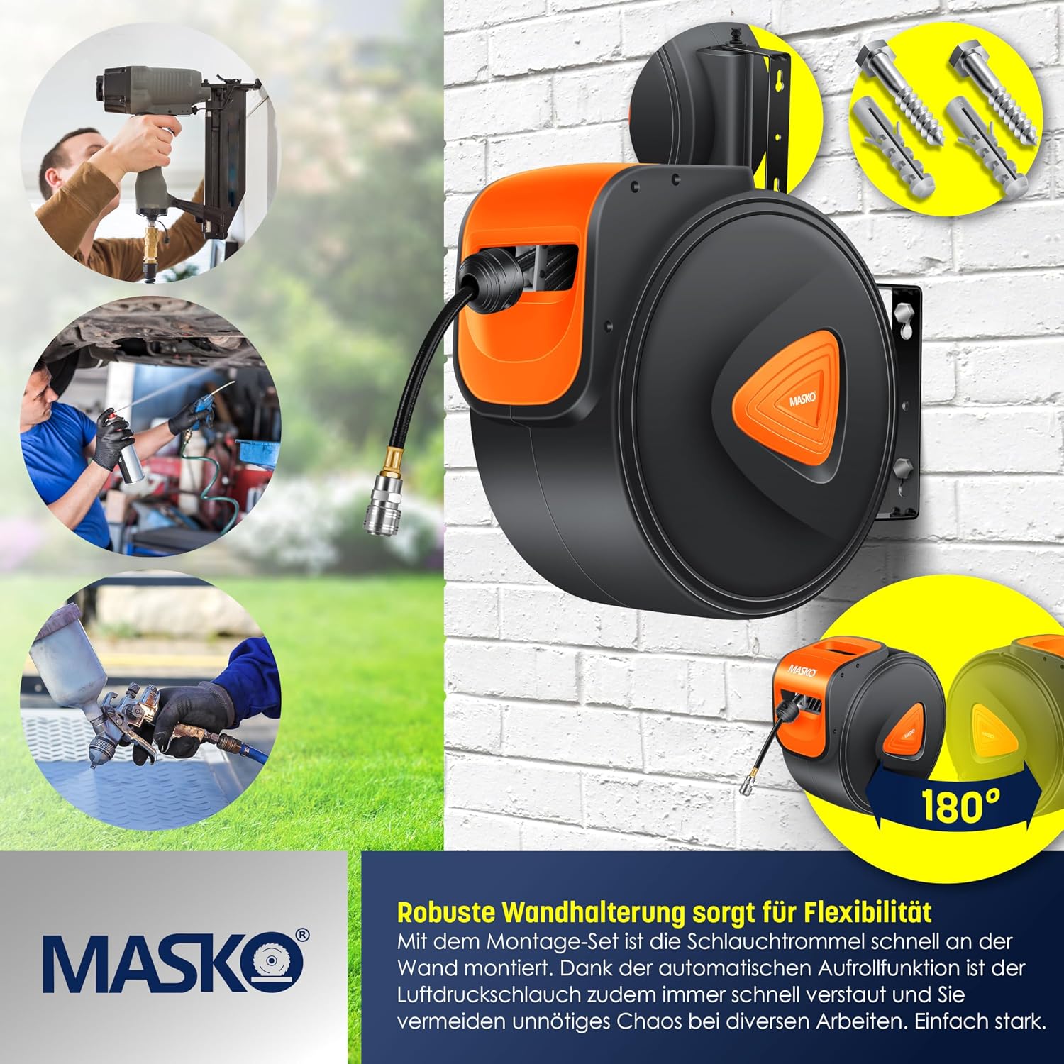 MASKO® Automatik Druckluftschlauch Aufroller 30m – Schlauchtrommel mit 1/4" Anschluss, Schlauchaufroller, Wandhalterung, Tragegriff, 180° schwenkbar, Schlauchbremse, vormontiert & sofort einsatzbereit — Ansicht 6