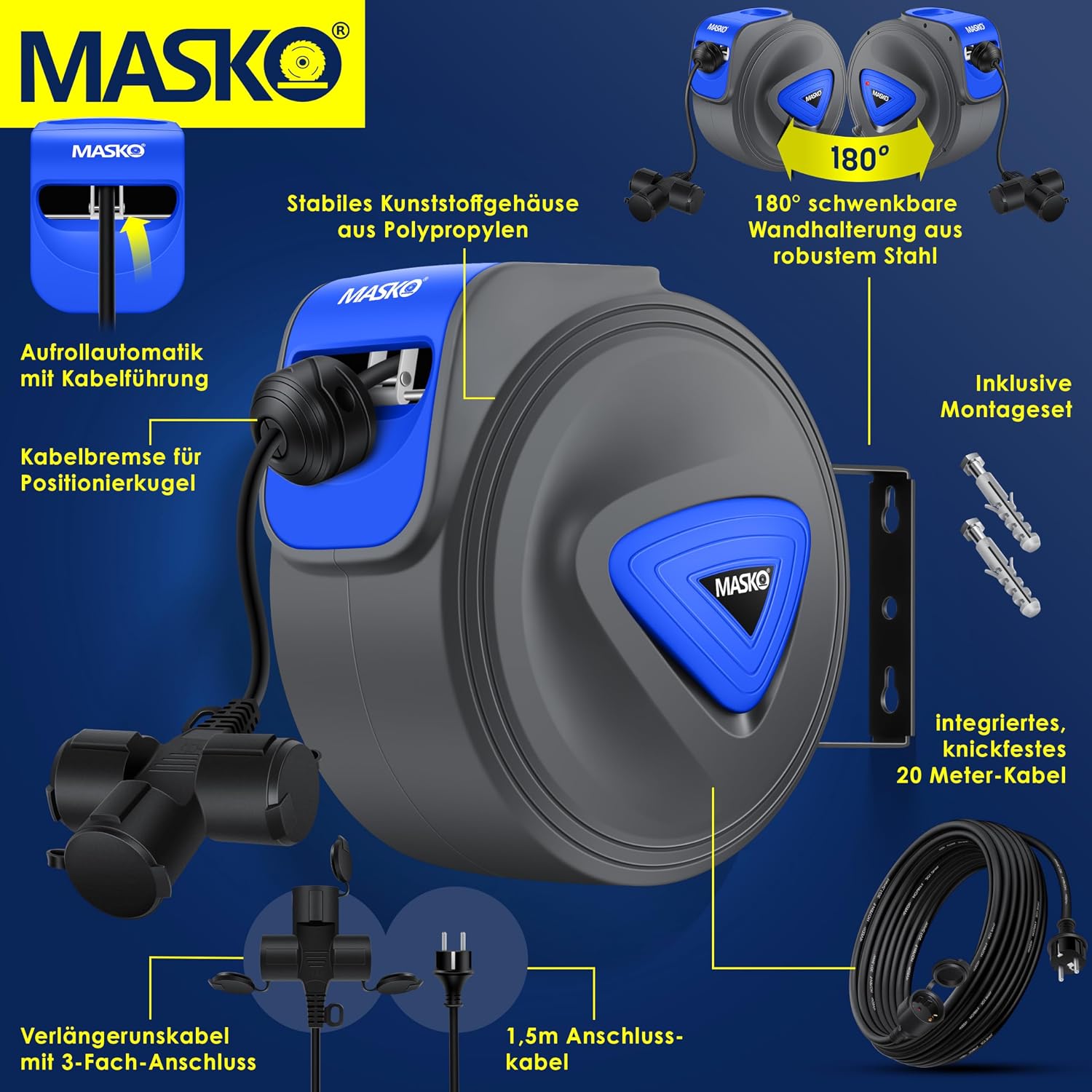 MASKO® Automatik Kabeltrommel Verlängerungskabel 20m mit 3-Fach Anschluss 180° drehbar 1,5m Zuleitung Wandhalterung Werkstatt Kabelaufroller Automatisch Stromtrommel Schlauchaufroller — Ansicht 2