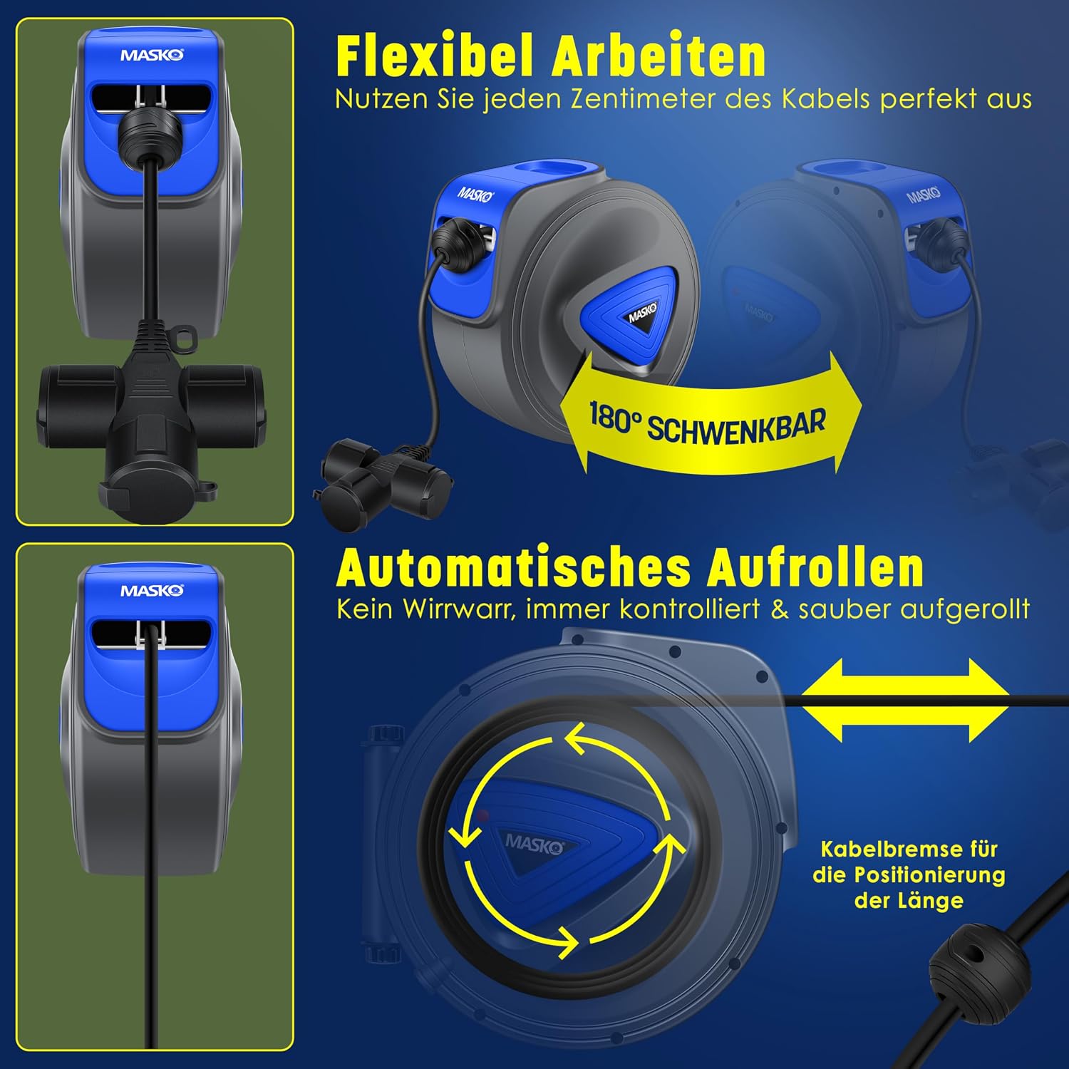 MASKO® Automatik Kabeltrommel Verlängerungskabel 20m mit 3-Fach Anschluss 180° drehbar 1,5m Zuleitung Wandhalterung Werkstatt Kabelaufroller Automatisch Stromtrommel Schlauchaufroller — Ansicht 3