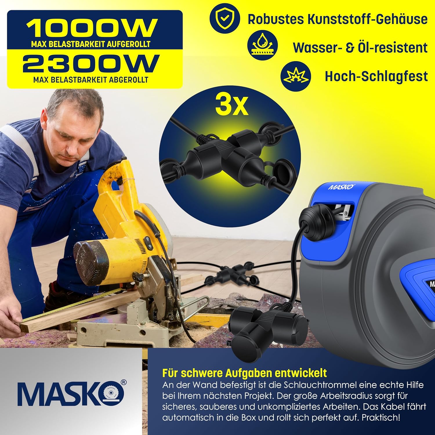 MASKO® Automatik Kabeltrommel Verlängerungskabel 20m mit 3-Fach Anschluss 180° drehbar 1,5m Zuleitung Wandhalterung Werkstatt Kabelaufroller Automatisch Stromtrommel Schlauchaufroller — Ansicht 4