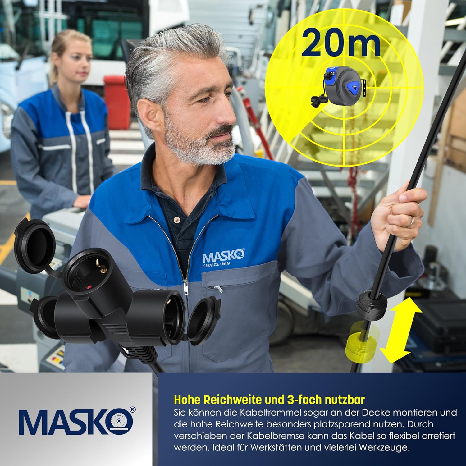 MASKO® Automatik Kabeltrommel Verlängerungskabel 20m mit 3-Fach Anschluss 180° drehbar 1,5m Zuleitung Wandhalterung Werkstatt Kabelaufroller Automatisch Stromtrommel Schlauchaufroller — Ansicht 5