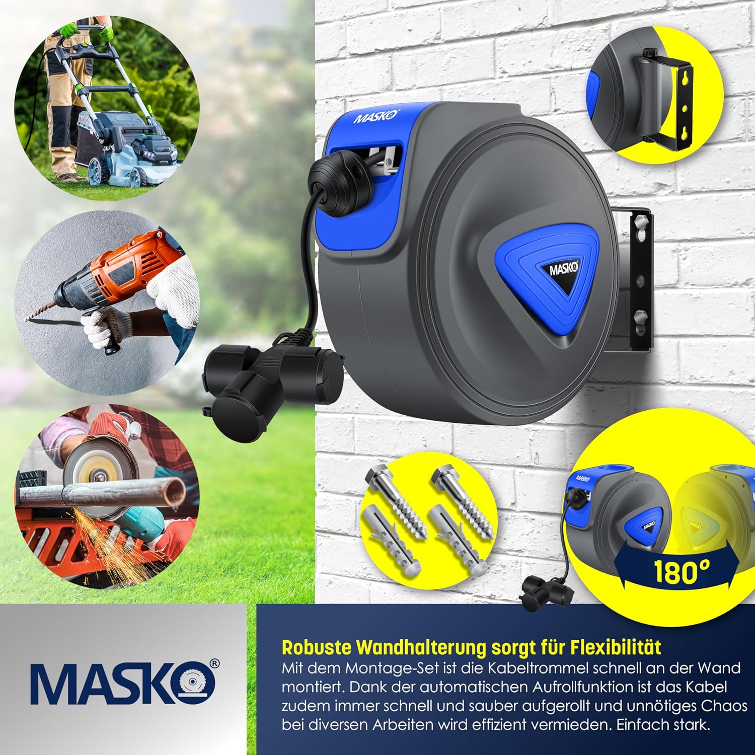 MASKO® Automatik Kabeltrommel Verlängerungskabel 20m mit 3-Fach Anschluss 180° drehbar 1,5m Zuleitung Wandhalterung Werkstatt Kabelaufroller Automatisch Stromtrommel Schlauchaufroller — Ansicht 6