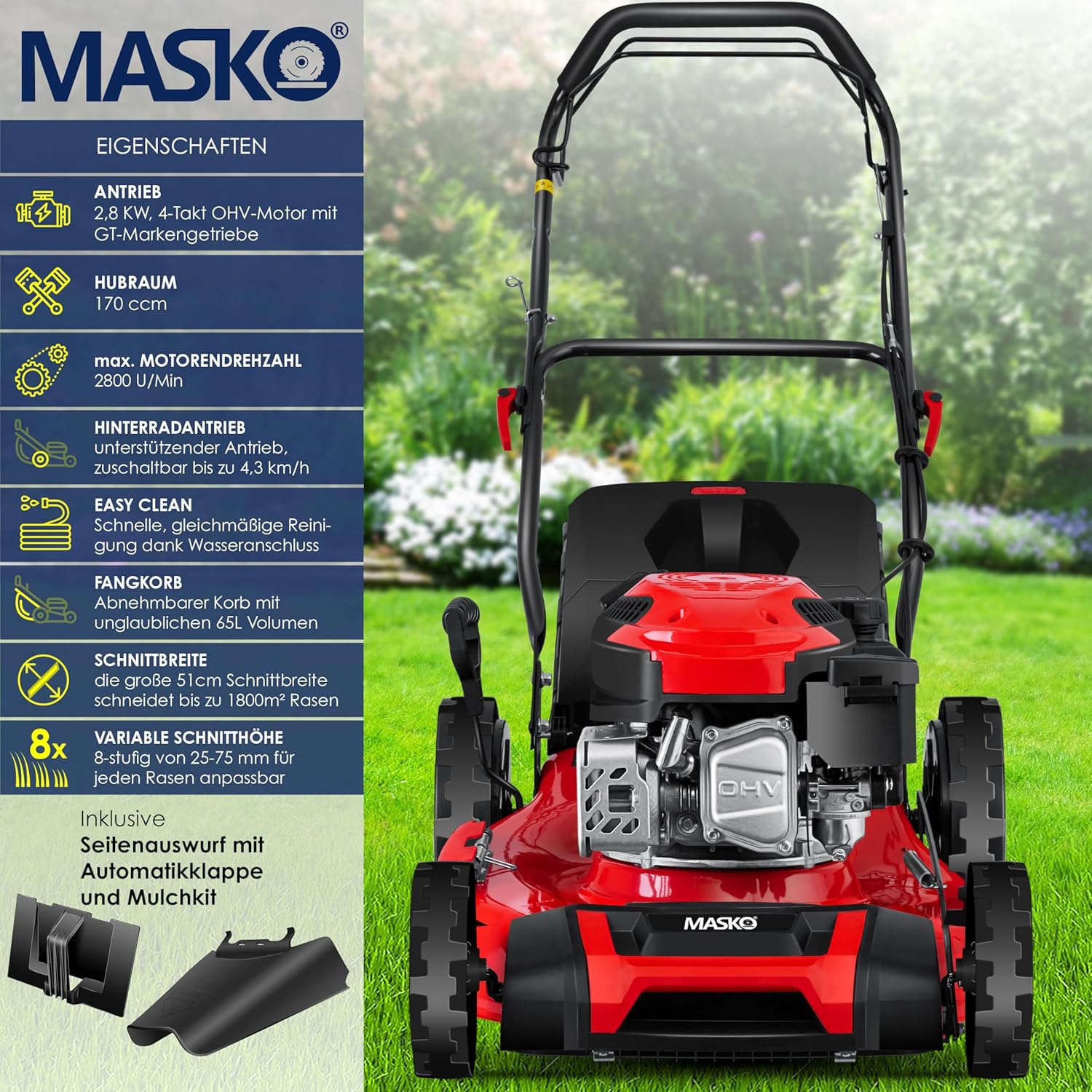 MASKO® Benzin Rasenmäher 5in1 | 51 cm Schnittbreite | 8- fache Schnitthöhenverstellung | 4 Takt OHV Motor 6,0 PS | 65 Liter Fangkorb| Inkl. Mulch- Kit, Seitenauswurf — Ansicht 2