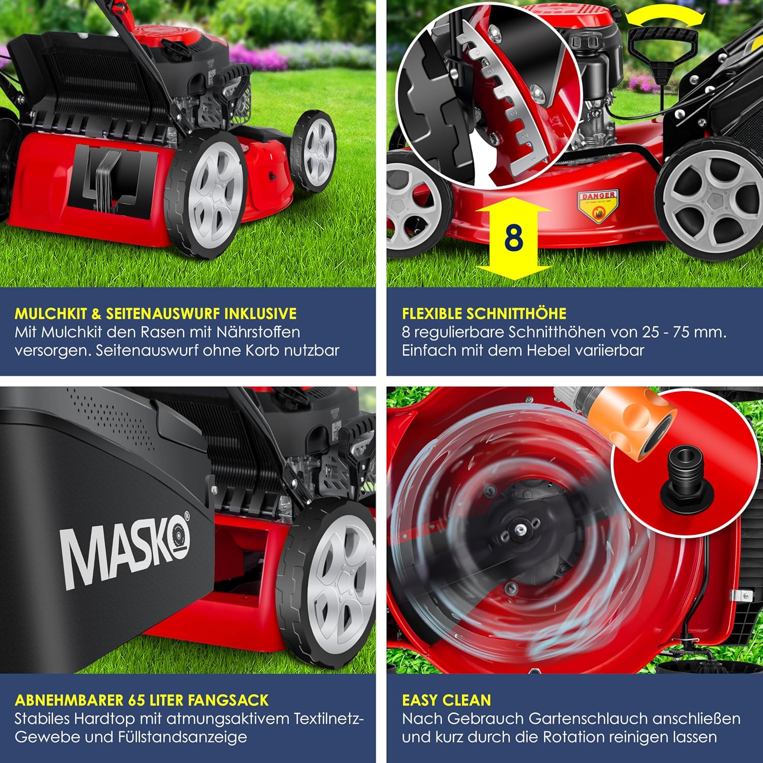 MASKO® Benzin Rasenmäher 5in1 | 51 cm Schnittbreite | 8- fache Schnitthöhenverstellung | 4 Takt OHV Motor 6,0 PS | 65 Liter Fangkorb| Inkl. Mulch- Kit, Seitenauswurf — Ansicht 3