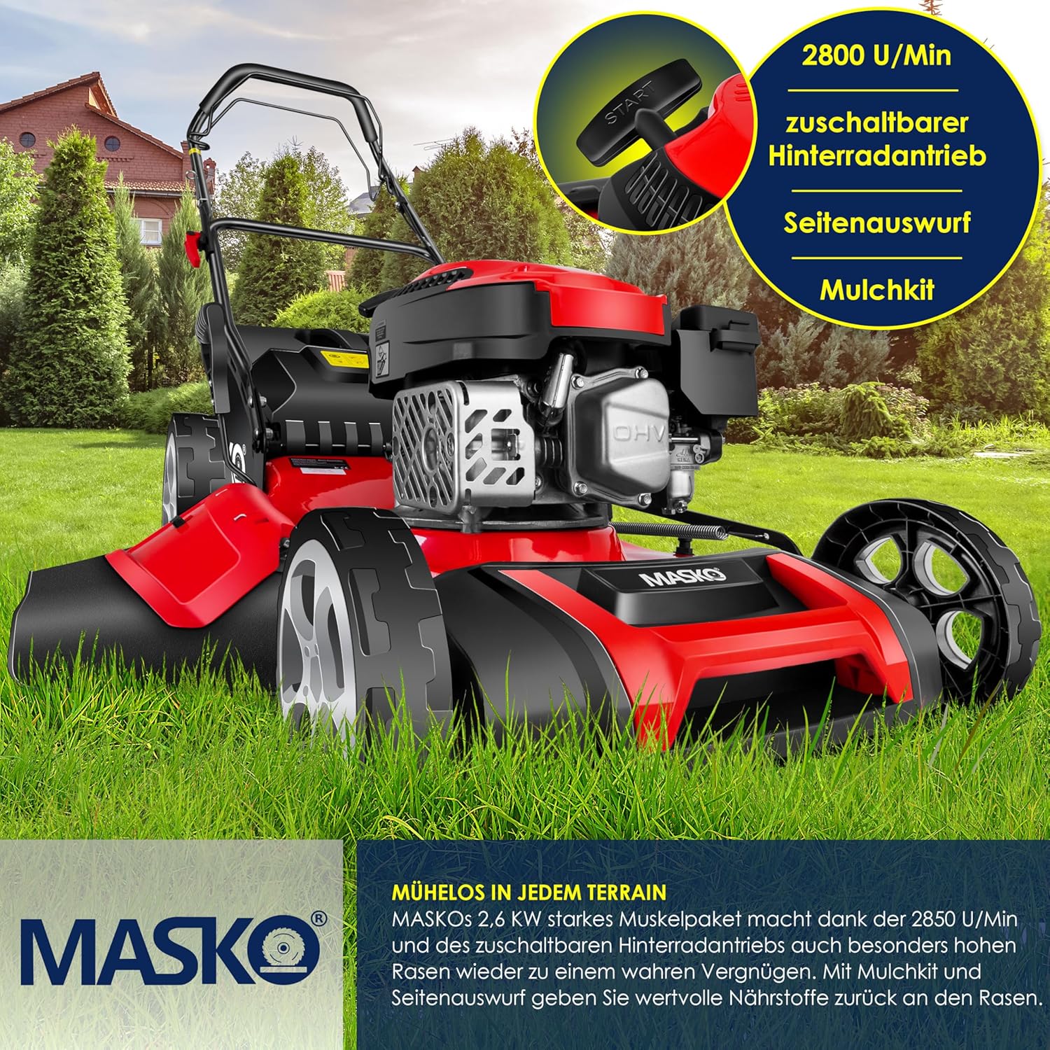 MASKO® Benzin Rasenmäher 5in1 | 51 cm Schnittbreite | 8- fache Schnitthöhenverstellung | 4 Takt OHV Motor 6,0 PS | 65 Liter Fangkorb| Inkl. Mulch- Kit, Seitenauswurf — Ansicht 4