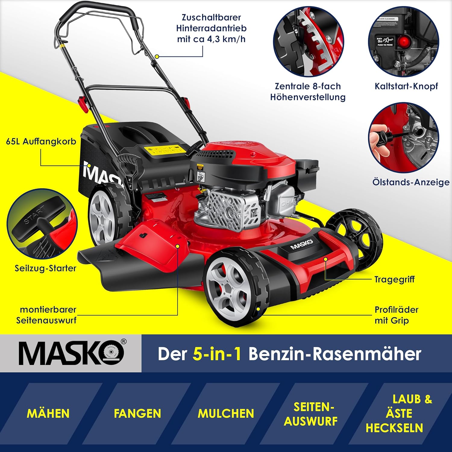 MASKO® Benzin Rasenmäher 5in1 | 51 cm Schnittbreite | 8- fache Schnitthöhenverstellung | 4 Takt OHV Motor 6,0 PS | 65 Liter Fangkorb| Inkl. Mulch- Kit, Seitenauswurf — Ansicht 5
