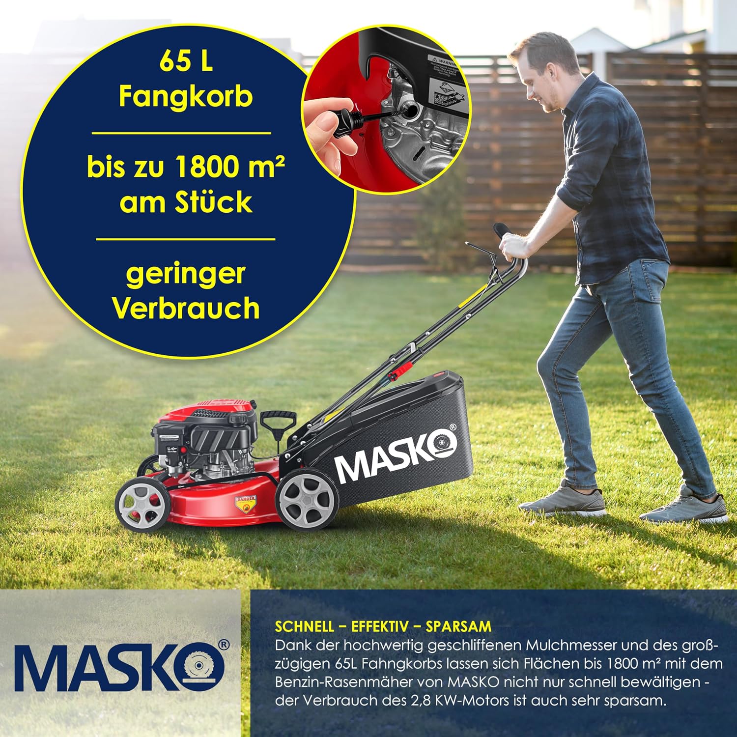 MASKO® Benzin Rasenmäher 5in1 | 51 cm Schnittbreite | 8- fache Schnitthöhenverstellung | 4 Takt OHV Motor 6,0 PS | 65 Liter Fangkorb| Inkl. Mulch- Kit, Seitenauswurf — Ansicht 6
