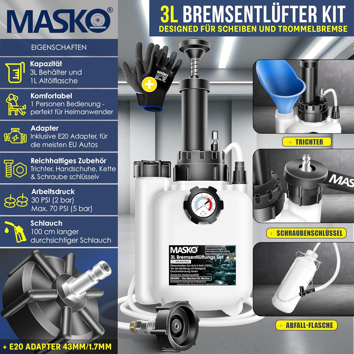 MASKO® Bremsenentlüftungsgerät Auto Bremsentlüfter KFZ Bremsflüssigkeits-Wechselgerät 3L für Scheibenbremsen & Trommelbremsen mit Handpumpe & 1L Absaugbehälter für E20, Adapter, Schlauch & Zubehör — Ansicht 2