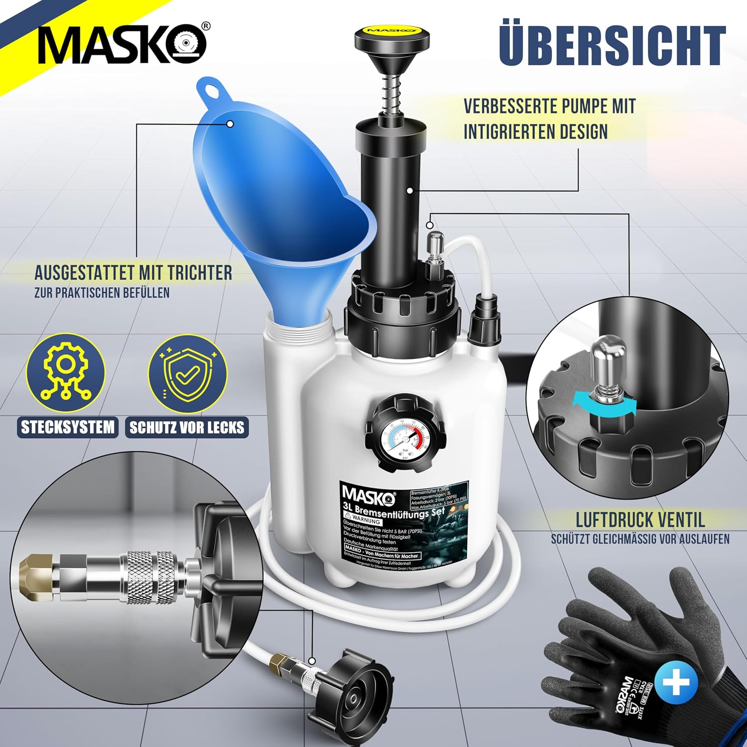 MASKO® Bremsenentlüftungsgerät Auto Bremsentlüfter KFZ Bremsflüssigkeits-Wechselgerät 3L für Scheibenbremsen & Trommelbremsen mit Handpumpe & 1L Absaugbehälter für E20, Adapter, Schlauch & Zubehör — Ansicht 3