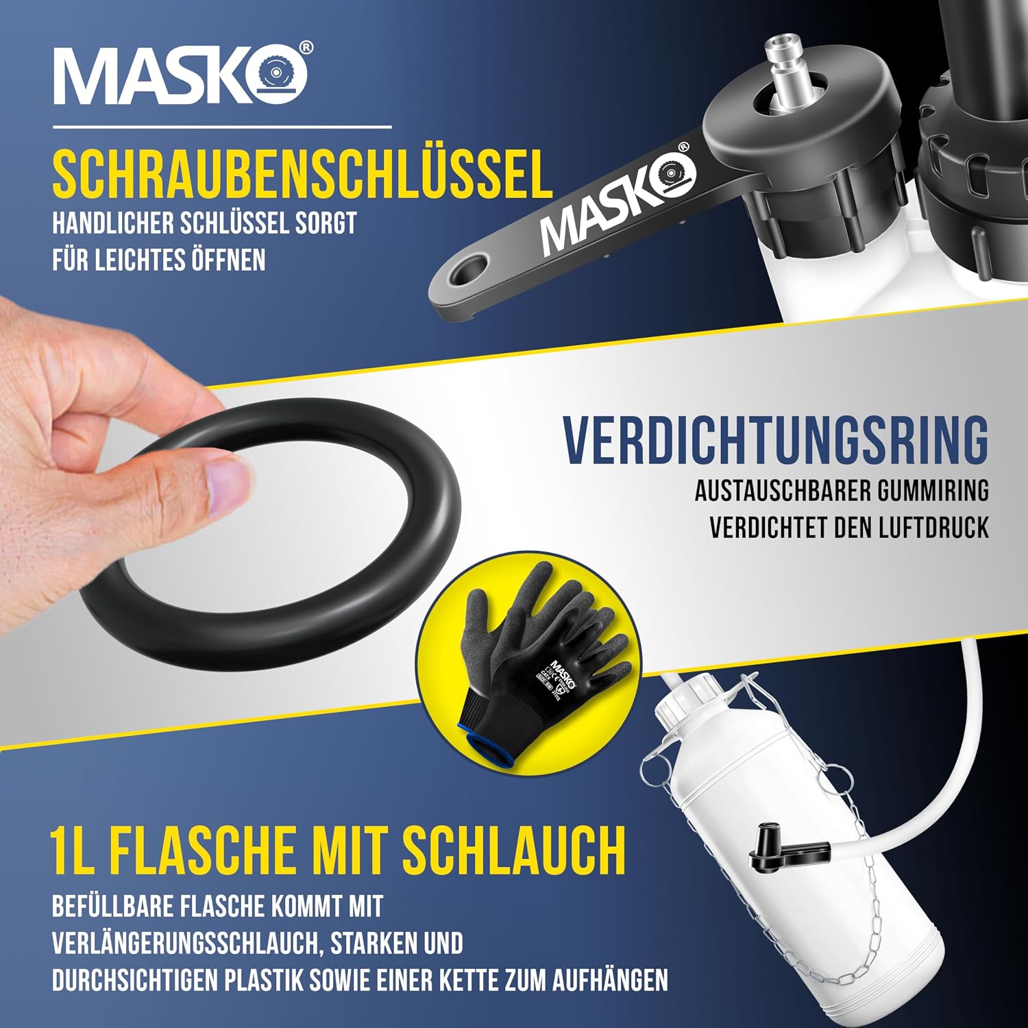 MASKO® Bremsenentlüftungsgerät Auto Bremsentlüfter KFZ Bremsflüssigkeits-Wechselgerät 3L für Scheibenbremsen & Trommelbremsen mit Handpumpe & 1L Absaugbehälter für E20, Adapter, Schlauch & Zubehör — Ansicht 4