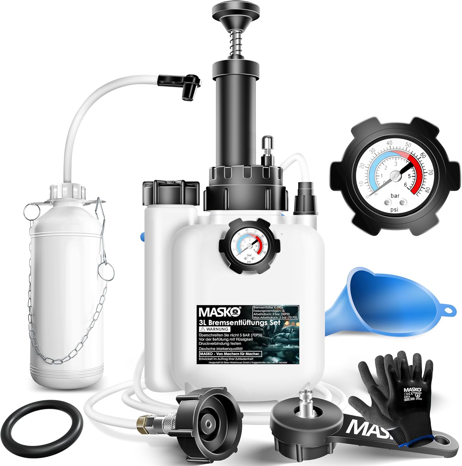 MASKO® Bremsenentlüftungsgerät Auto Bremsentlüfter KFZ Bremsflüssigkeits-Wechselgerät 3L für Scheibenbremsen & Trommelbremsen mit Handpumpe & 1L Absaugbehälter für E20, Adapter, Schlauch & Zubehör