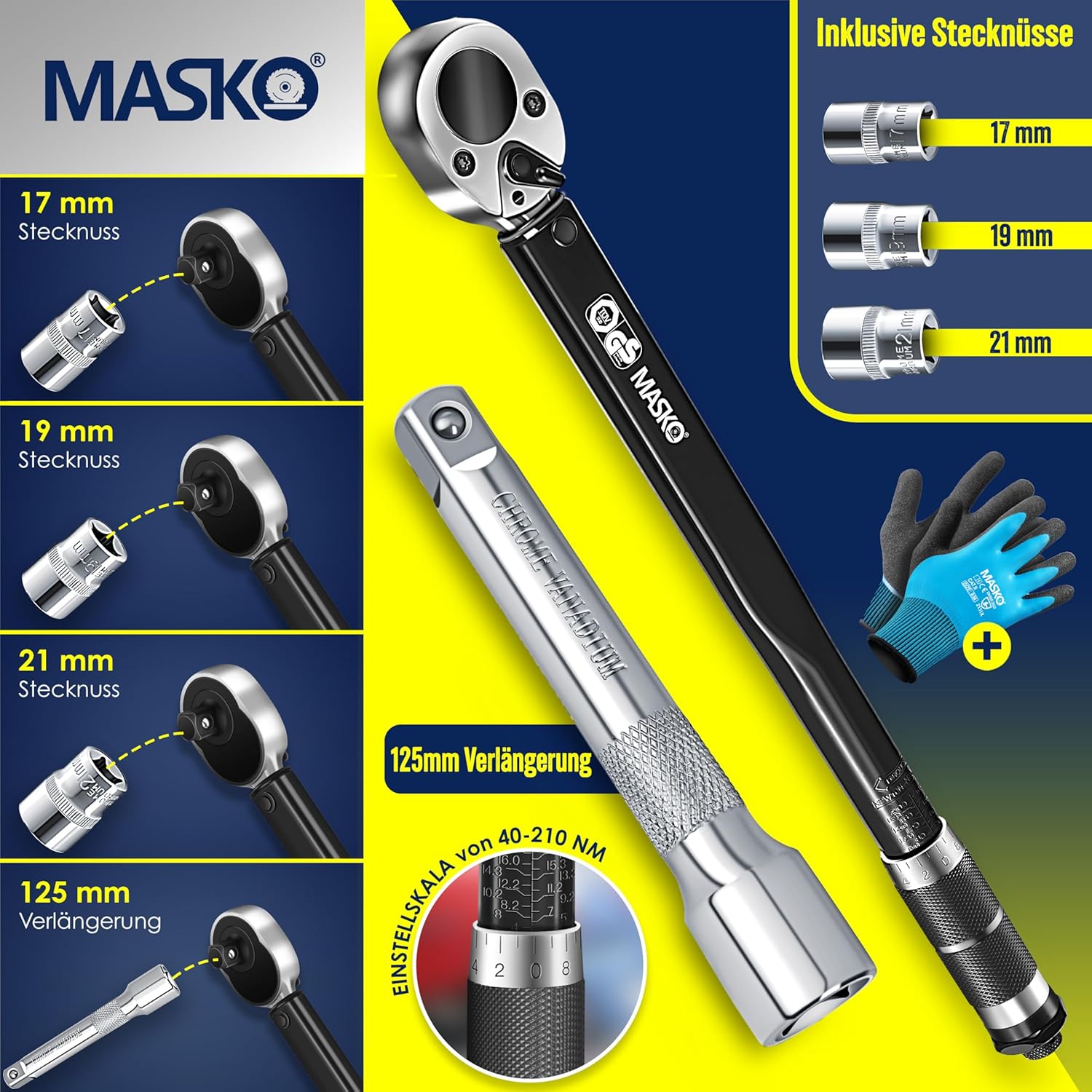 MASKO® Drehmomentschlüssel 6tlg. Set 40-210Nm 1/2' CV inkl. 3 Stecknüsse 17mm 19mm 21mm & Verlängerung 125mm Montagehandschuhe Koffer +/- 4% Toleranz Reifenschlüssel Auto Drehmoment-Schlüssel, Schwarz — Ansicht 2