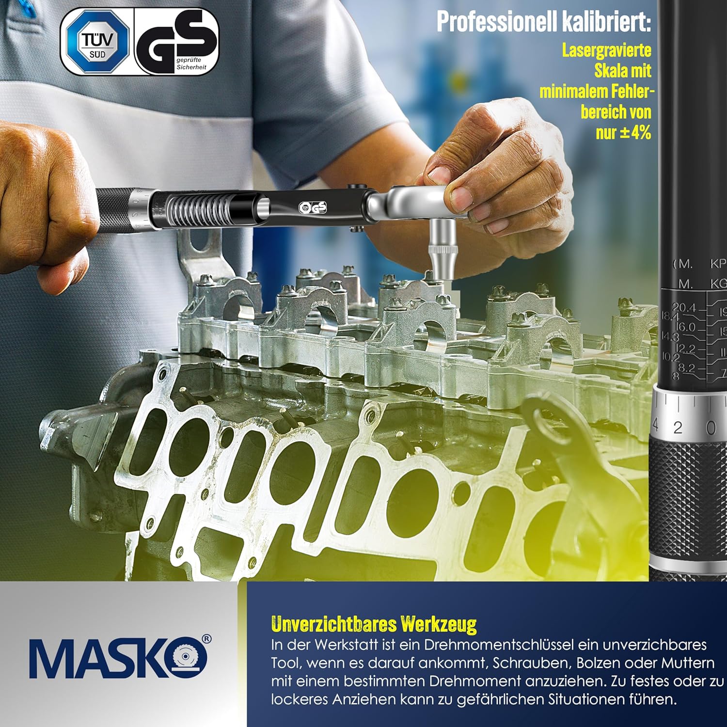 MASKO® Drehmomentschlüssel 6tlg. Set 40-210Nm 1/2' CV inkl. 3 Stecknüsse 17mm 19mm 21mm & Verlängerung 125mm Montagehandschuhe Koffer +/- 4% Toleranz Reifenschlüssel Auto Drehmoment-Schlüssel, Schwarz — Ansicht 3