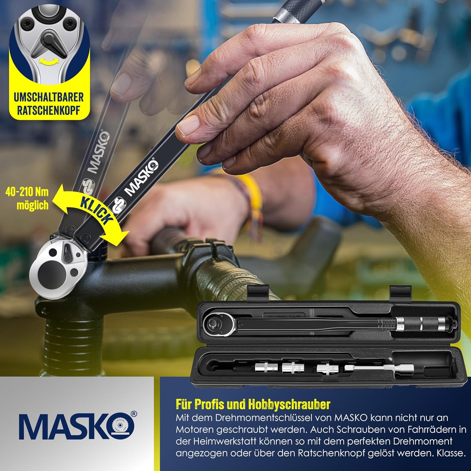 MASKO® Drehmomentschlüssel 6tlg. Set 40-210Nm 1/2' CV inkl. 3 Stecknüsse 17mm 19mm 21mm & Verlängerung 125mm Montagehandschuhe Koffer +/- 4% Toleranz Reifenschlüssel Auto Drehmoment-Schlüssel, Schwarz — Ansicht 4