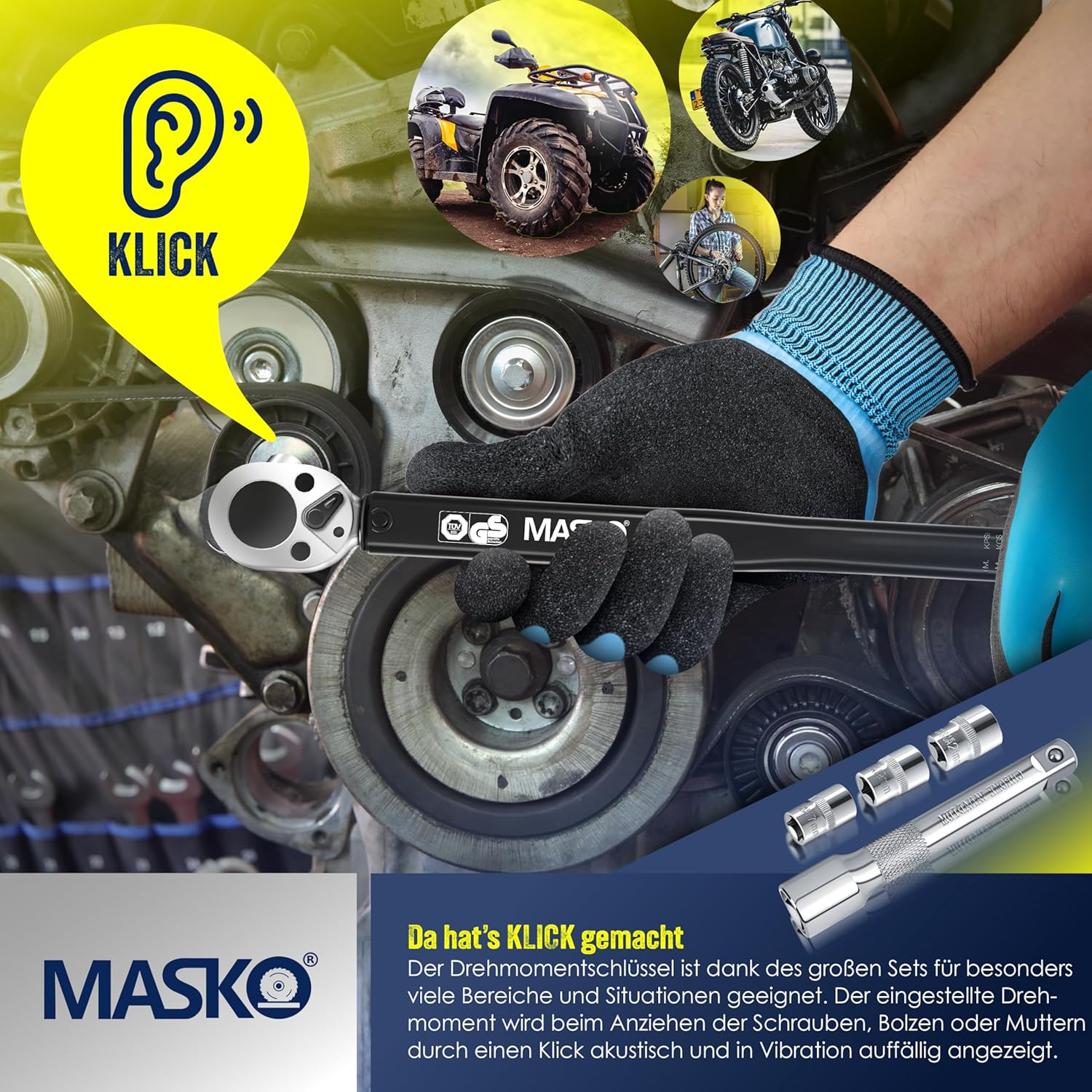 MASKO® Drehmomentschlüssel 6tlg. Set 40-210Nm 1/2' CV inkl. 3 Stecknüsse 17mm 19mm 21mm & Verlängerung 125mm Montagehandschuhe Koffer +/- 4% Toleranz Reifenschlüssel Auto Drehmoment-Schlüssel, Schwarz — Ansicht 5