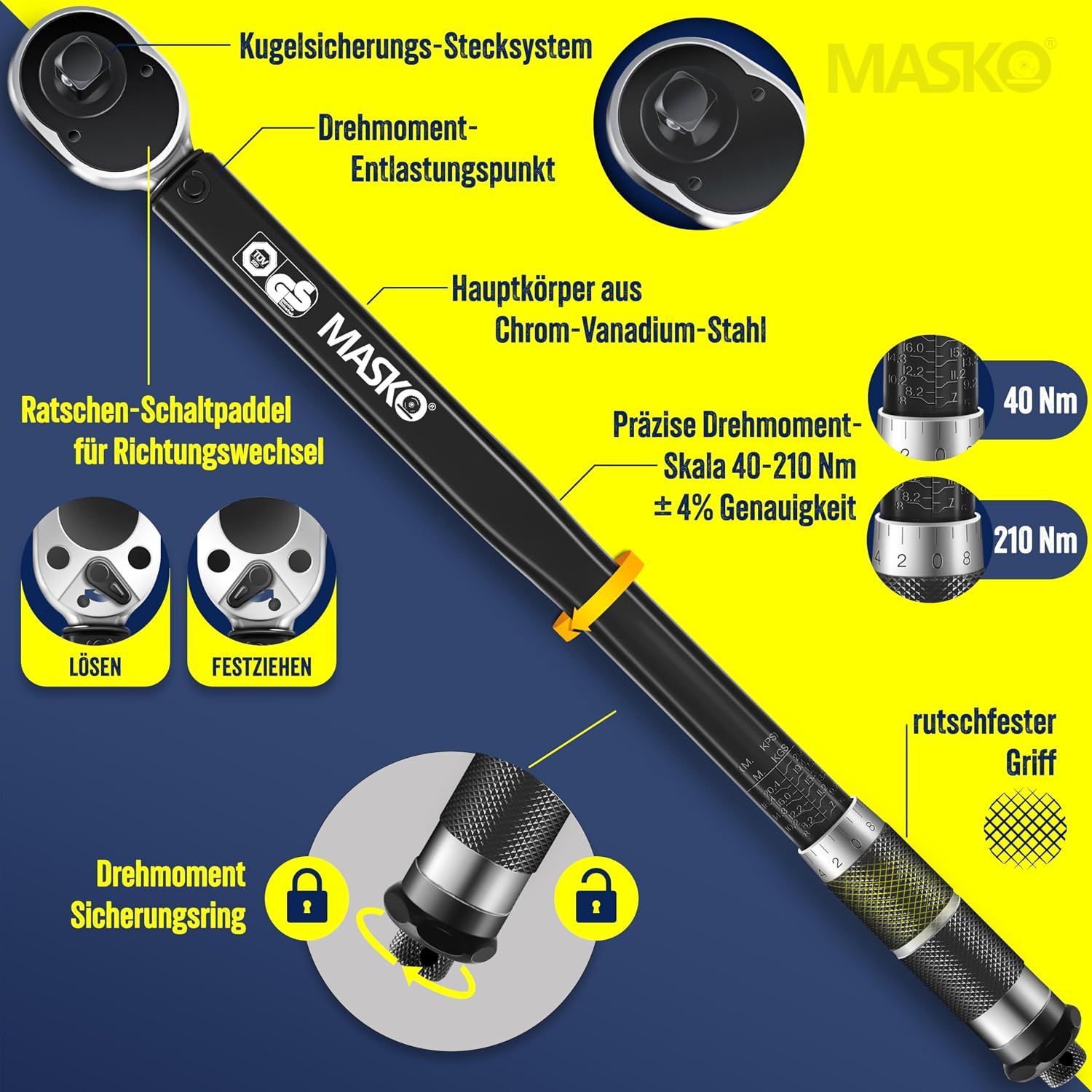 MASKO® Drehmomentschlüssel 6tlg. Set 40-210Nm 1/2' CV inkl. 3 Stecknüsse 17mm 19mm 21mm & Verlängerung 125mm Montagehandschuhe Koffer +/- 4% Toleranz Reifenschlüssel Auto Drehmoment-Schlüssel, Schwarz — Ansicht 6