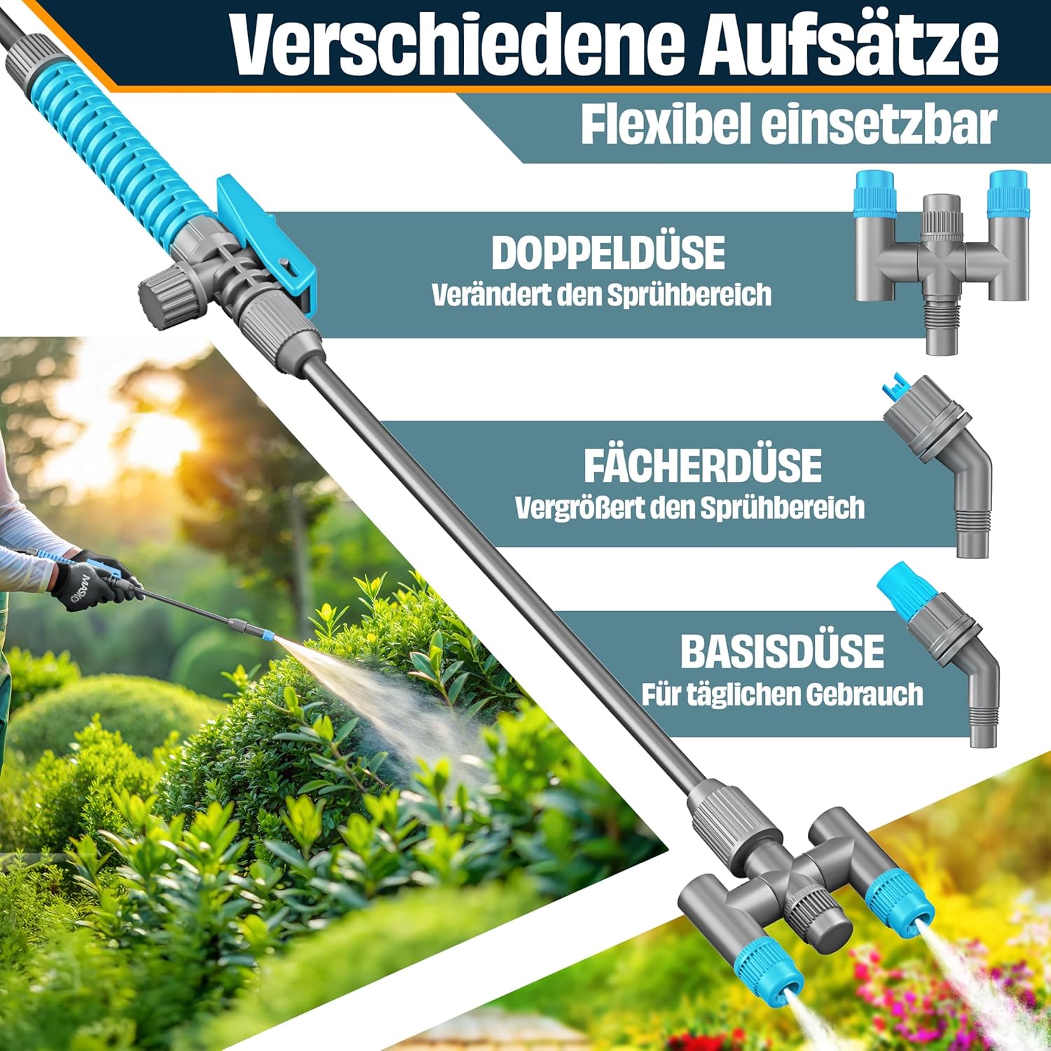 MASKO® Drucksprüher säurebeständiges Drucksprühgerät 5L Füllinhalt mit verstellbaren Düsen & 1,3m Schlauch | Sprühgerät für Pflanzenschutz, Garten & Auto | Pumpsprühflasche inkl Tragegurt & Handschuhe — Ansicht 3