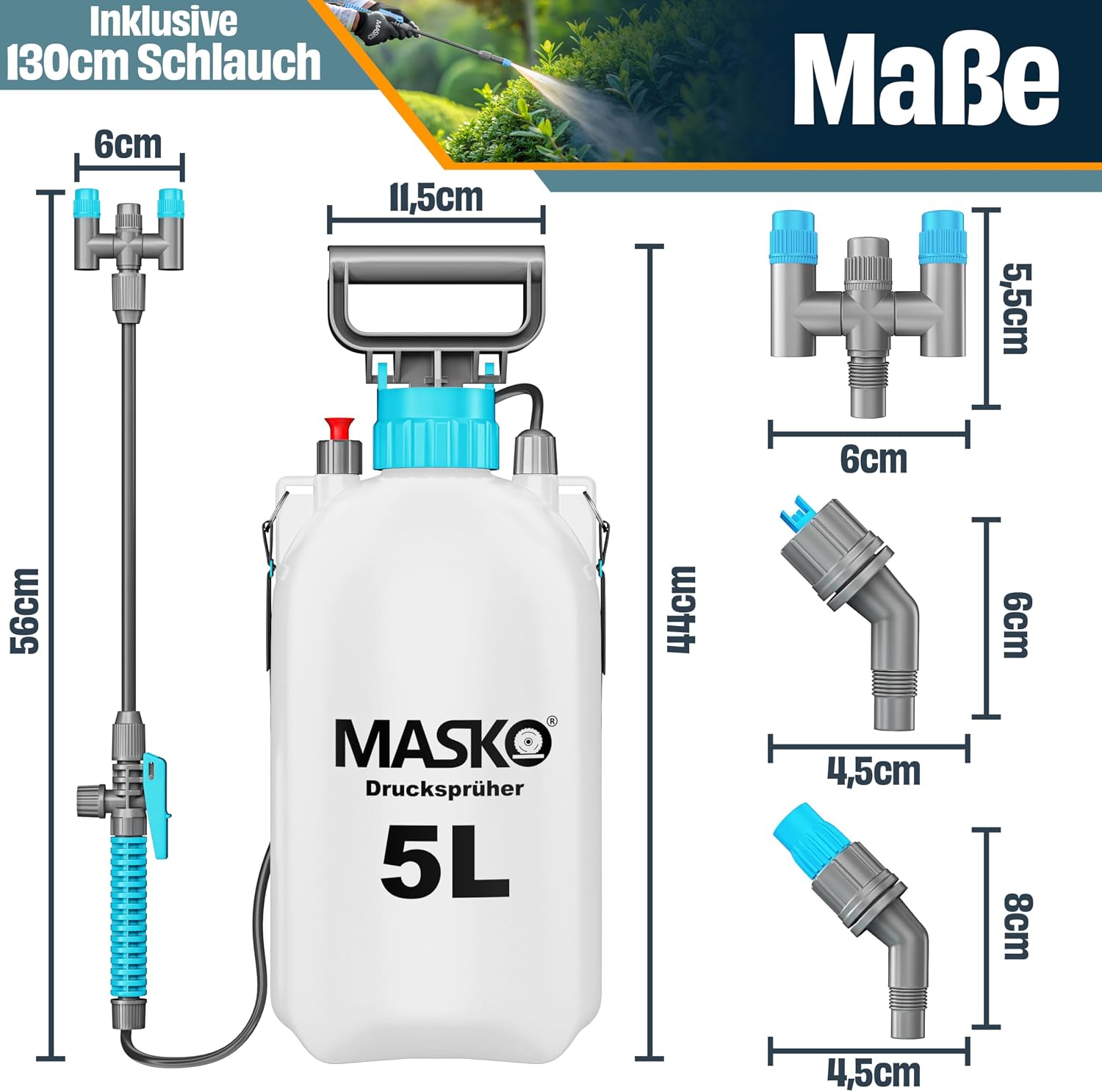 MASKO® Drucksprüher säurebeständiges Drucksprühgerät 5L Füllinhalt mit verstellbaren Düsen & 1,3m Schlauch | Sprühgerät für Pflanzenschutz, Garten & Auto | Pumpsprühflasche inkl Tragegurt & Handschuhe — Ansicht 4