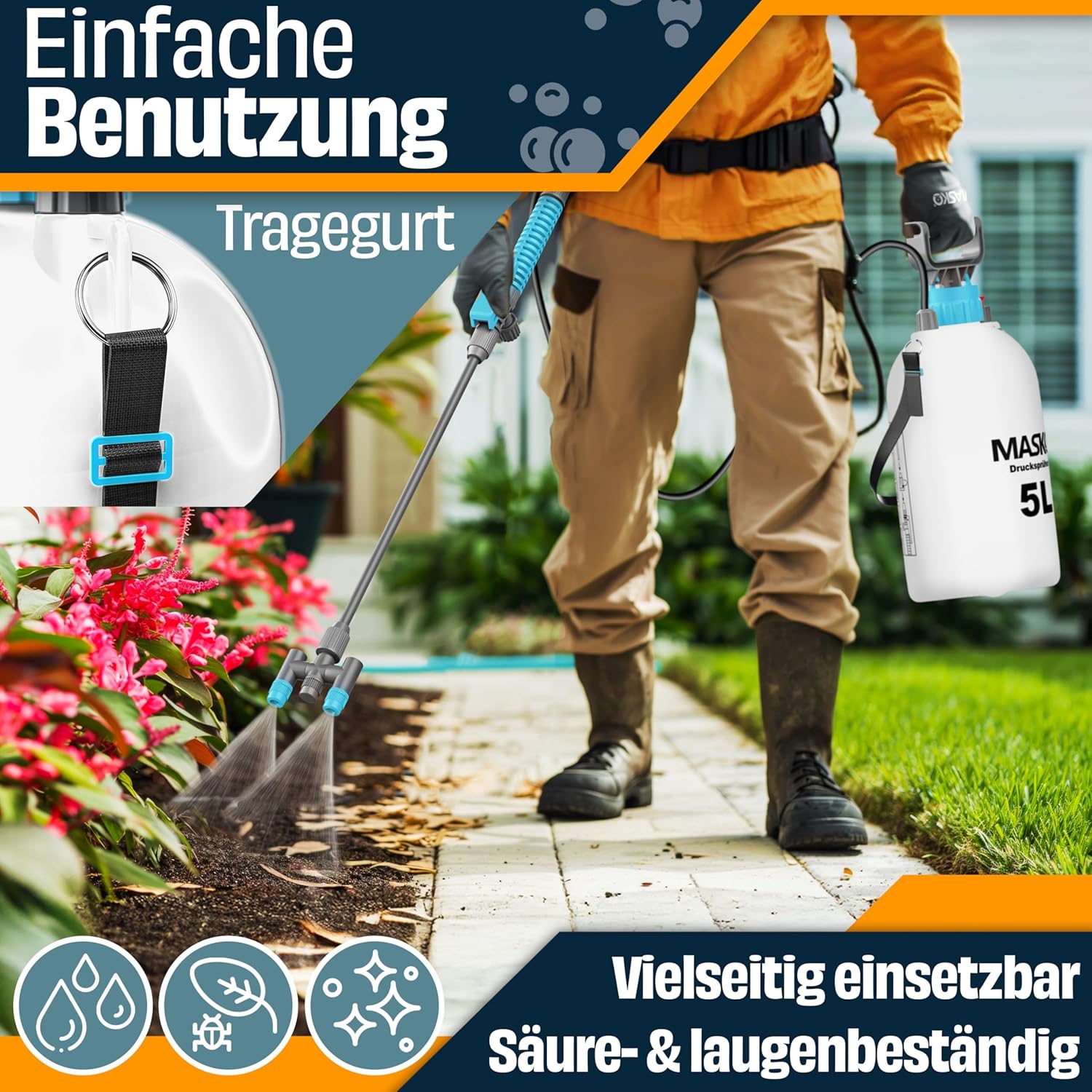 MASKO® Drucksprüher säurebeständiges Drucksprühgerät 5L Füllinhalt mit verstellbaren Düsen & 1,3m Schlauch | Sprühgerät für Pflanzenschutz, Garten & Auto | Pumpsprühflasche inkl Tragegurt & Handschuhe — Ansicht 5