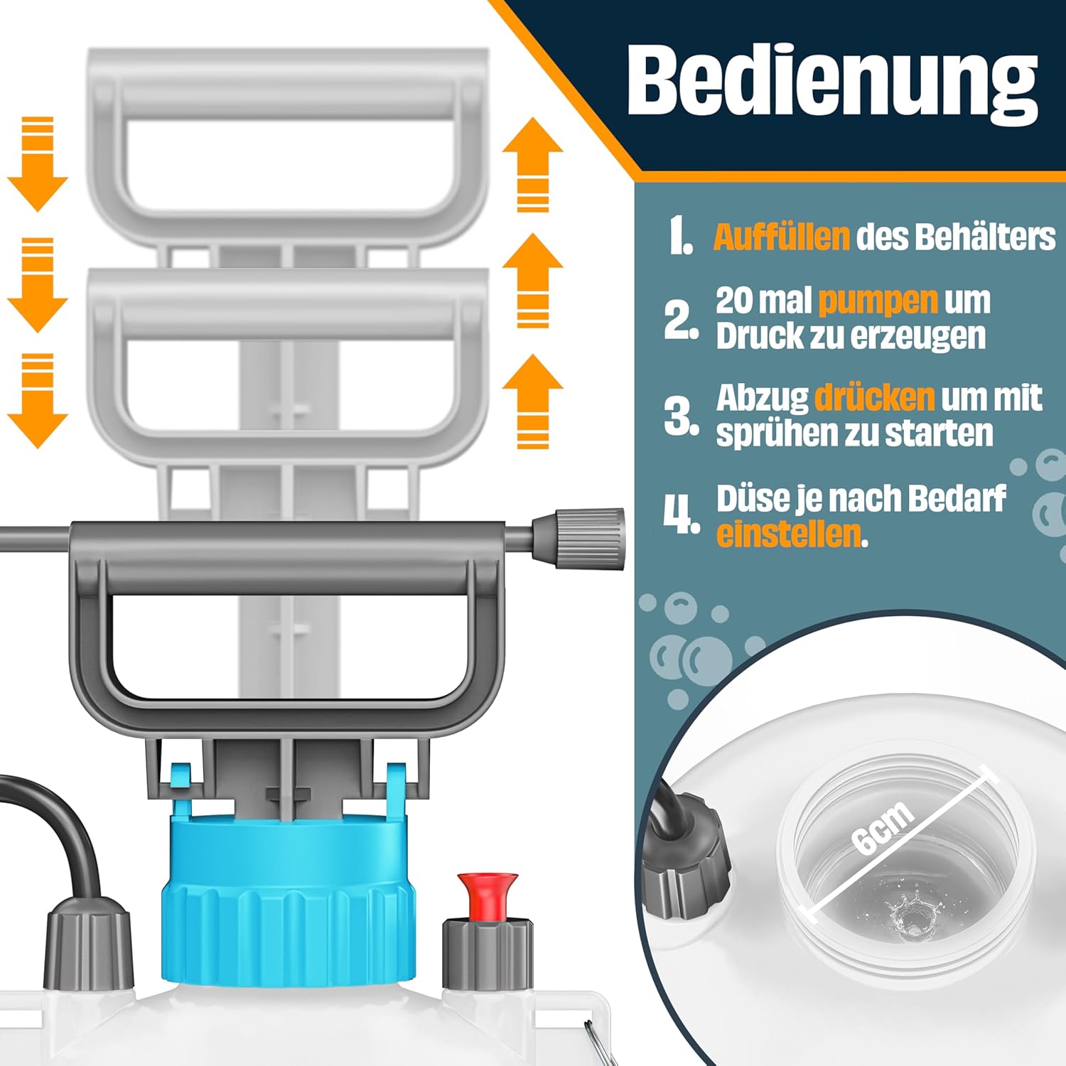 MASKO® Drucksprüher säurebeständiges Drucksprühgerät 5L Füllinhalt mit verstellbaren Düsen & 1,3m Schlauch | Sprühgerät für Pflanzenschutz, Garten & Auto | Pumpsprühflasche inkl Tragegurt & Handschuhe — Ansicht 6