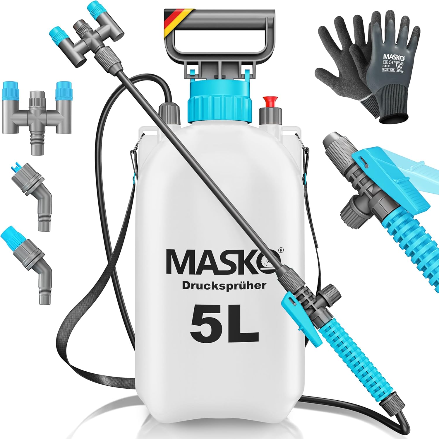 MASKO® Drucksprüher säurebeständiges Drucksprühgerät 5L Füllinhalt mit verstellbaren Düsen & 1,3m Schlauch | Sprühgerät für Pflanzenschutz, Garten & Auto | Pumpsprühflasche inkl Tragegurt & Handschuhe