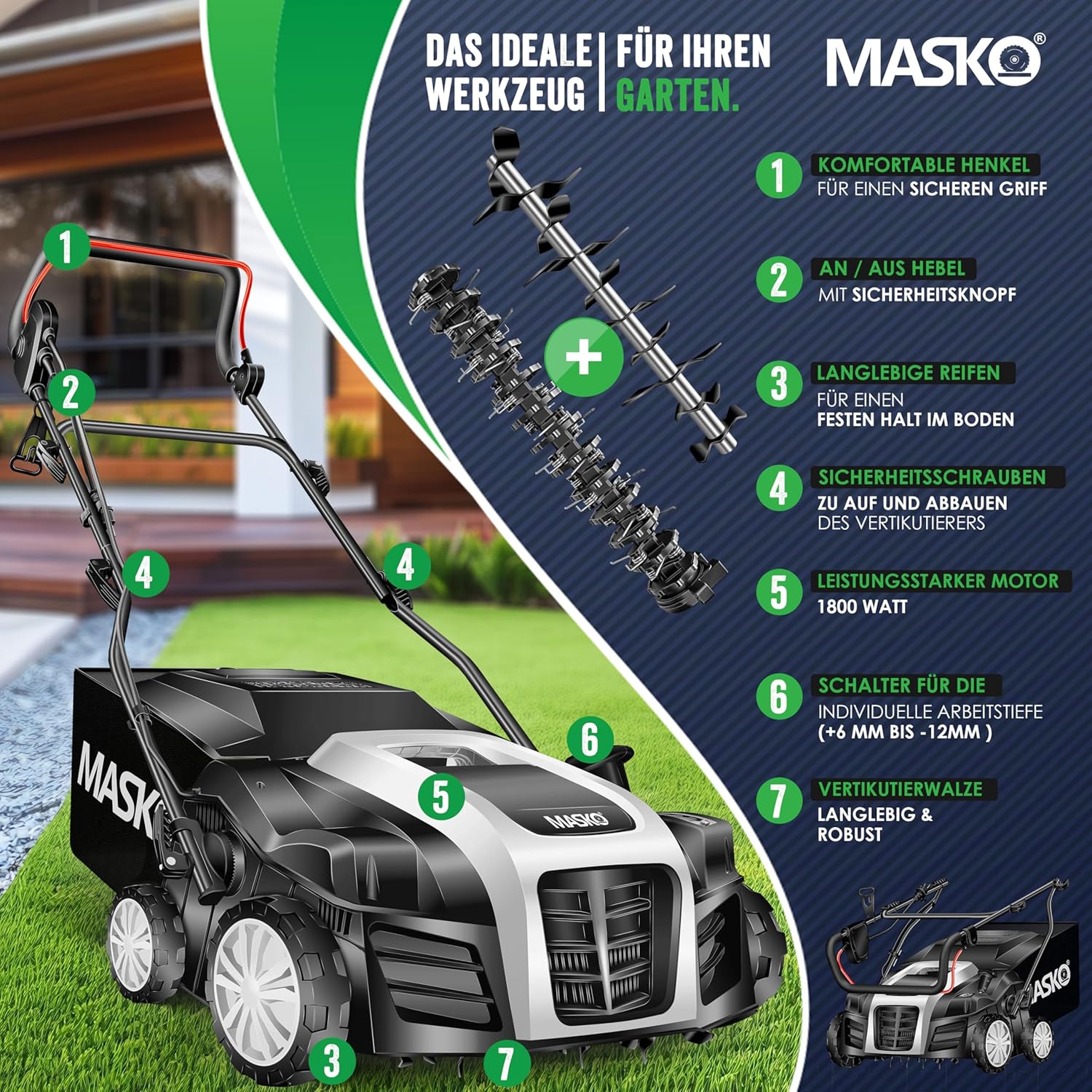 MASKO® Elektro 2in1 Vertikutierer Rasenlüfter 1800W 40cm Arbeitsbreite 55L Fangkorb mit Lüfterwalze Lüfter Moosentferner, 20 Stahlmesser, 5-stufige Arbeitstiefe einstellbar höhenverstellbarer Holm — Ansicht 2
