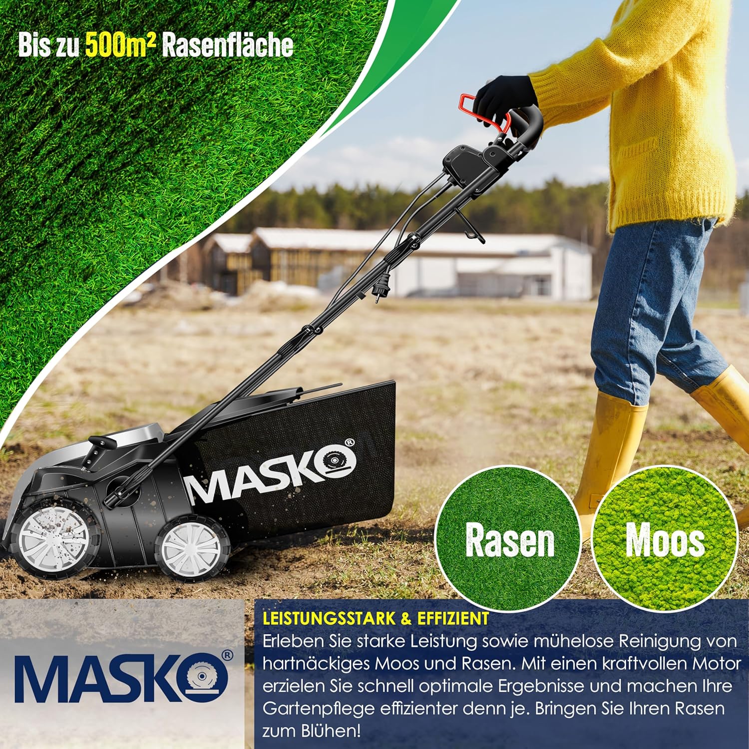 MASKO® Elektro 2in1 Vertikutierer Rasenlüfter 1800W 40cm Arbeitsbreite 55L Fangkorb mit Lüfterwalze Lüfter Moosentferner, 20 Stahlmesser, 5-stufige Arbeitstiefe einstellbar höhenverstellbarer Holm — Ansicht 3