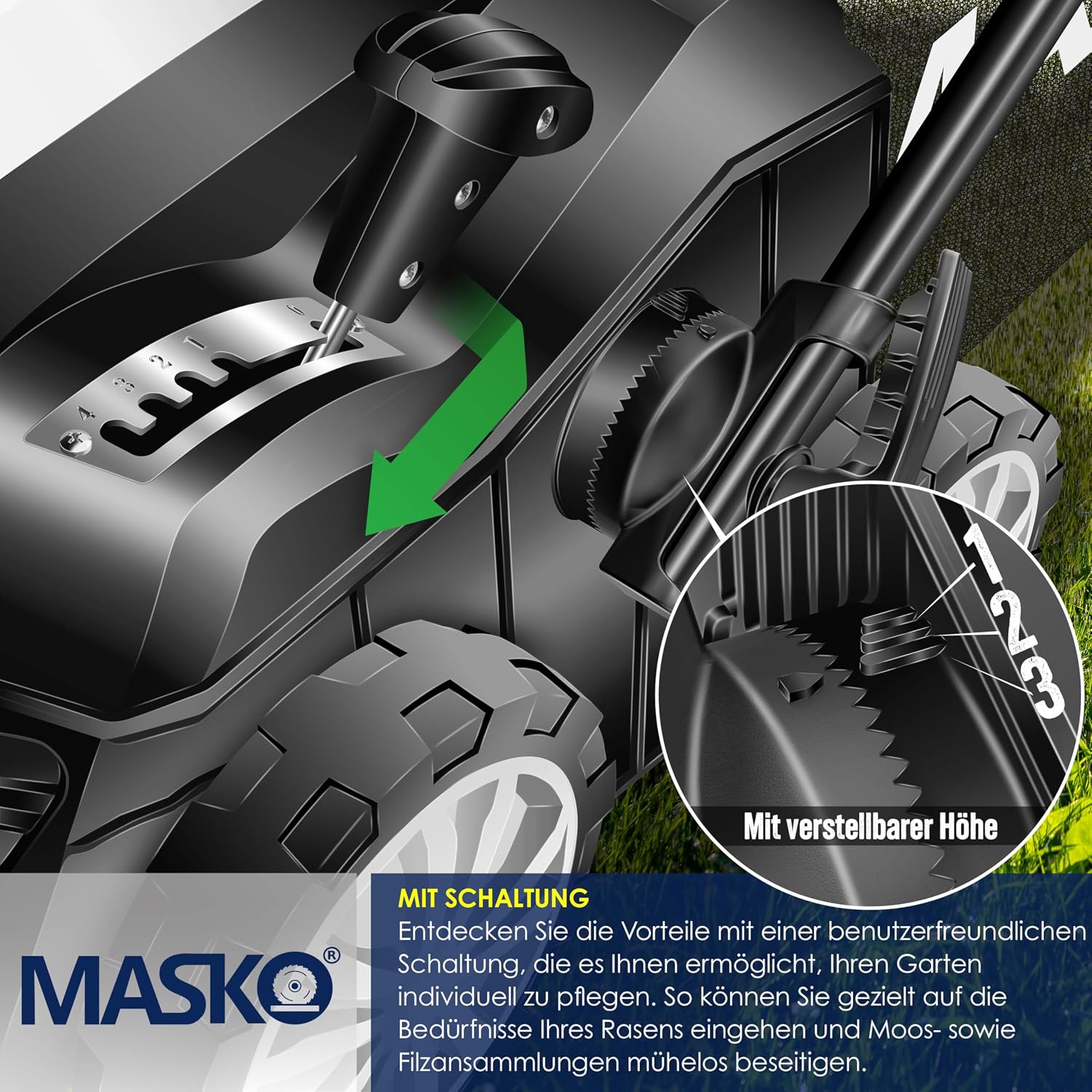 MASKO® Elektro 2in1 Vertikutierer Rasenlüfter 1800W 40cm Arbeitsbreite 55L Fangkorb mit Lüfterwalze Lüfter Moosentferner, 20 Stahlmesser, 5-stufige Arbeitstiefe einstellbar höhenverstellbarer Holm — Ansicht 5