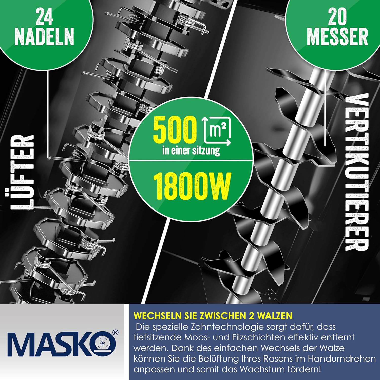 MASKO® Elektro 2in1 Vertikutierer Rasenlüfter 1800W 40cm Arbeitsbreite 55L Fangkorb mit Lüfterwalze Lüfter Moosentferner, 20 Stahlmesser, 5-stufige Arbeitstiefe einstellbar höhenverstellbarer Holm — Ansicht 6