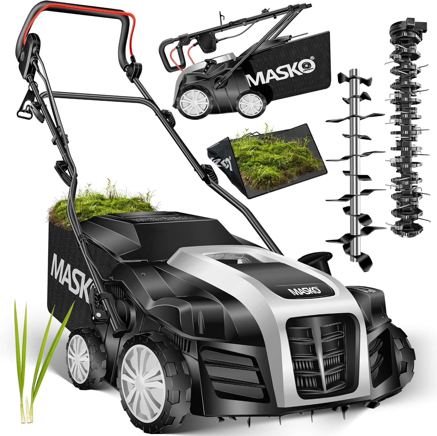 MASKO® Elektro 2in1 Vertikutierer Rasenlüfter 1800W 40cm Arbeitsbreite 55L Fangkorb mit Lüfterwalze Lüfter Moosentferner, 20 Stahlmesser, 5-stufige Arbeitstiefe einstellbar höhenverstellbarer Holm