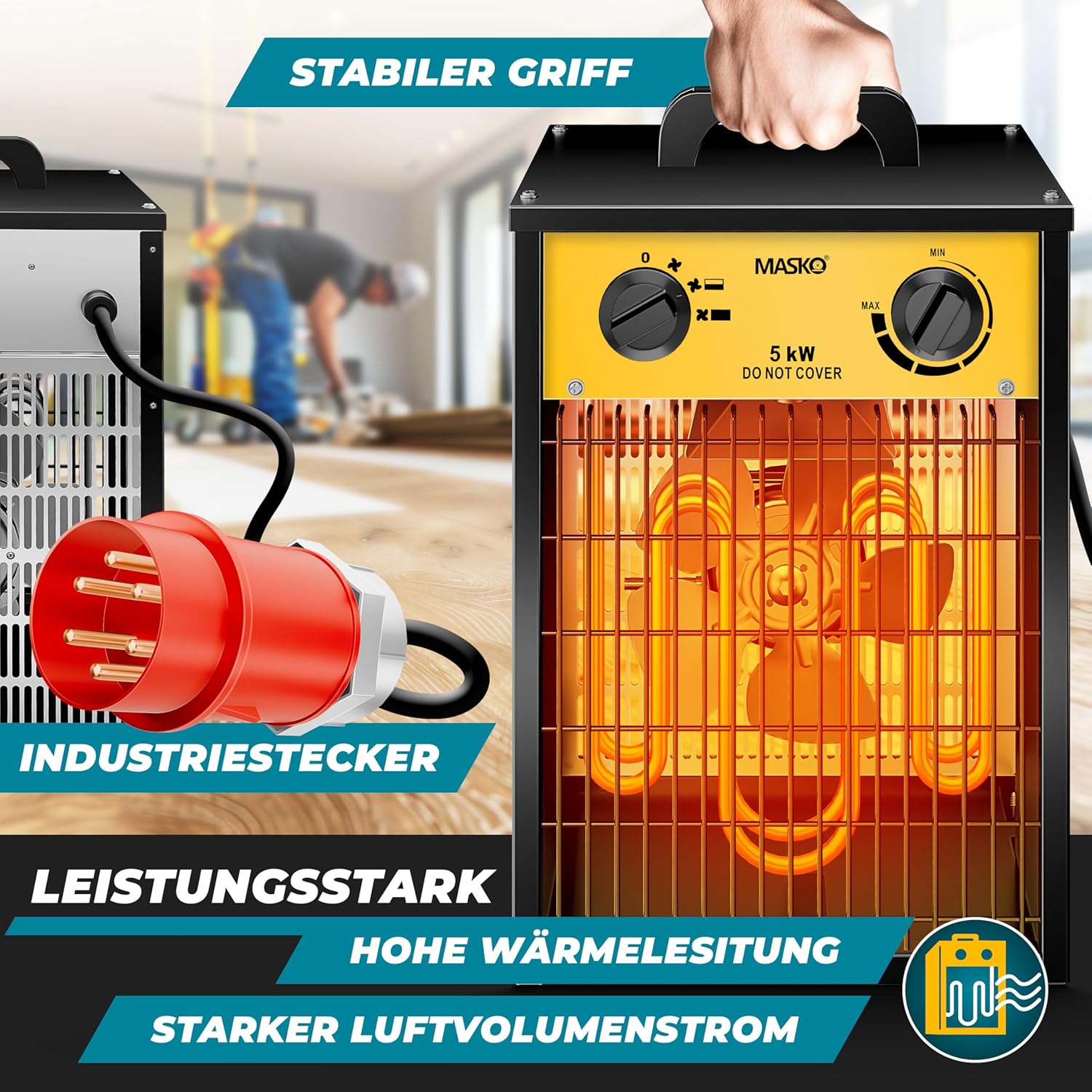 MASKO® Elektroheizer Heizlüfter Bauheizer Keramik Heizstrahler elektrisch Heizgerät mit Thermostat Elektroheizer mit 3 Heizstufen, Heizgebläse für Innen- und Außeneinsatz (Gelb, 5 KW - Eckig) — Ansicht 2