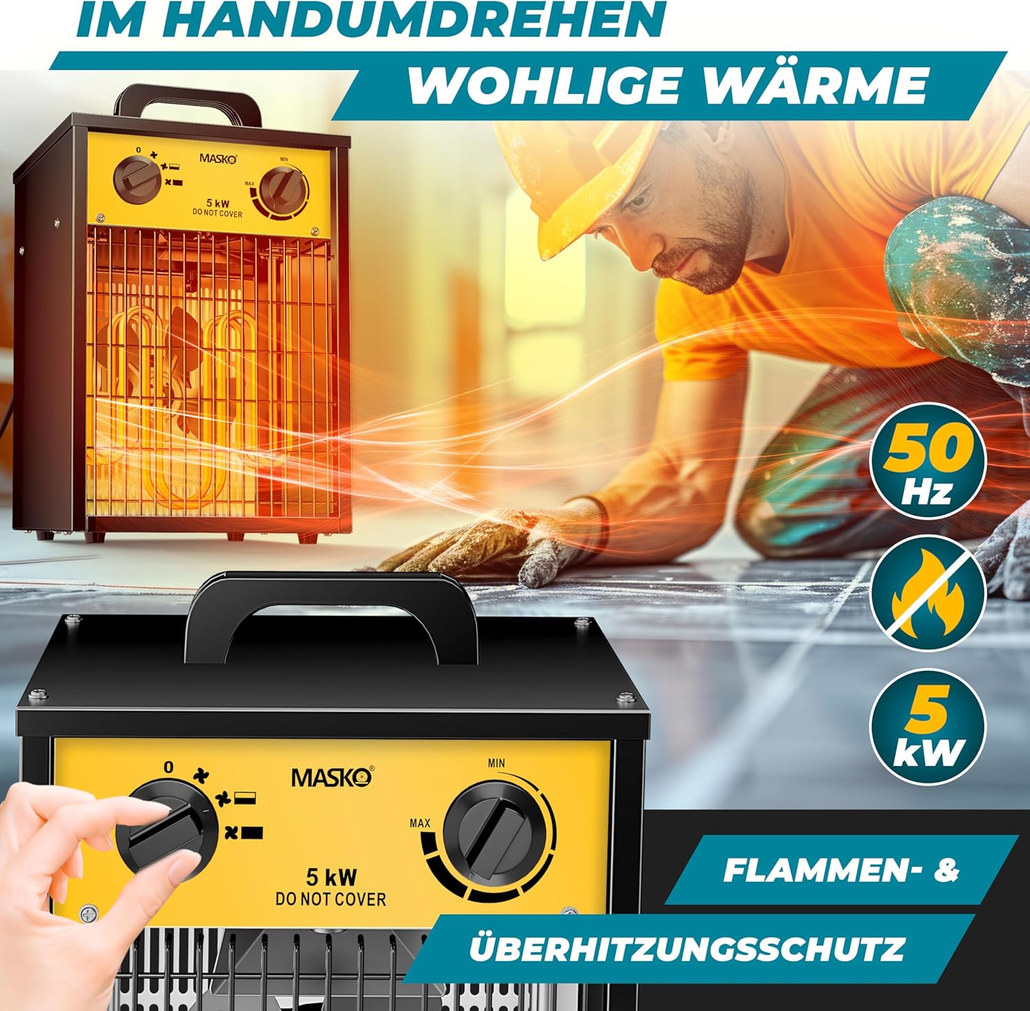 MASKO® Elektroheizer Heizlüfter Bauheizer Keramik Heizstrahler elektrisch Heizgerät mit Thermostat Elektroheizer mit 3 Heizstufen, Heizgebläse für Innen- und Außeneinsatz (Gelb, 5 KW - Eckig) — Ansicht 3