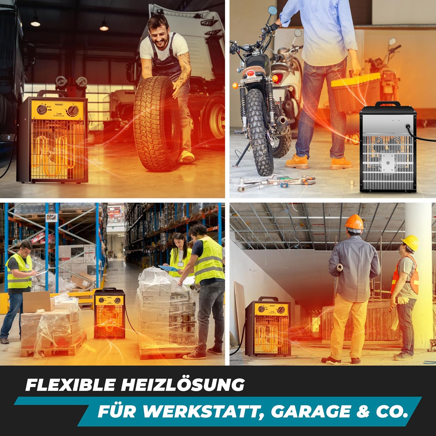 MASKO® Elektroheizer Heizlüfter Bauheizer Keramik Heizstrahler elektrisch Heizgerät mit Thermostat Elektroheizer mit 3 Heizstufen, Heizgebläse für Innen- und Außeneinsatz (Gelb, 5 KW - Eckig) — Ansicht 5