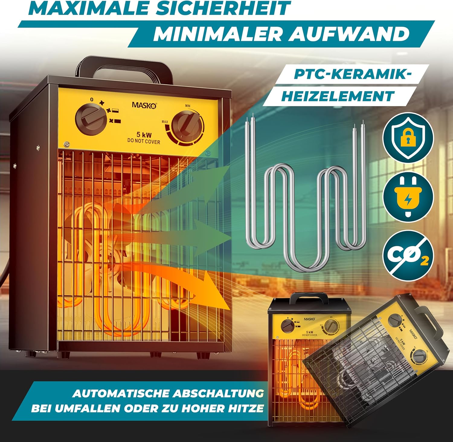 MASKO® Elektroheizer Heizlüfter Bauheizer Keramik Heizstrahler elektrisch Heizgerät mit Thermostat Elektroheizer mit 3 Heizstufen, Heizgebläse für Innen- und Außeneinsatz (Gelb, 5 KW - Eckig) — Ansicht 6