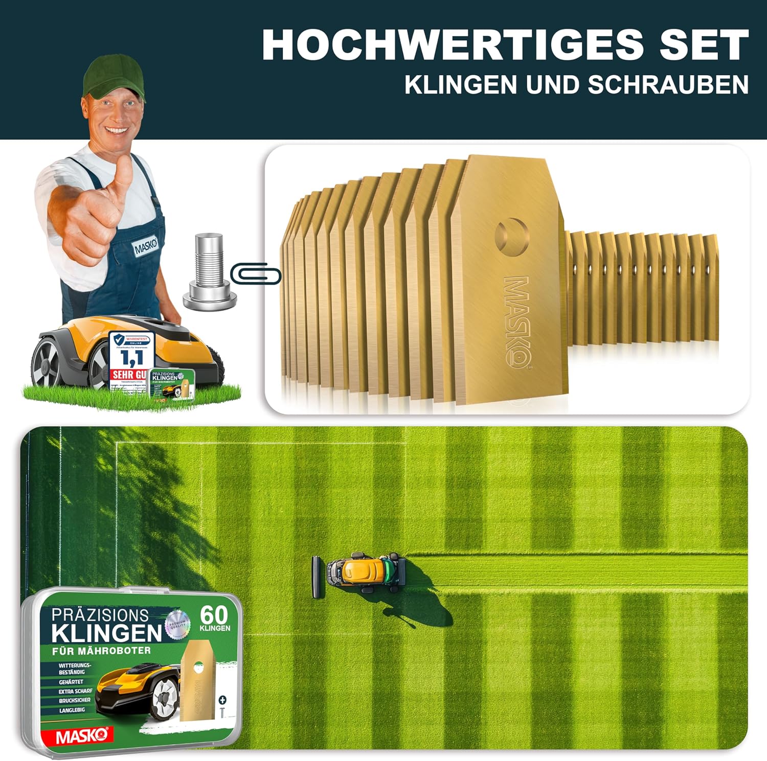 MASKO® Ersatzmesser Klingen für Mähroboter | Rasenmäher Messer universal inkl. innovativen Schrauben | Ersatzklingen Rasenroboter langlebig Titan-Beschichtung Kompatibel mit Gardena/Husqvarna 36 Stück — Ansicht 2