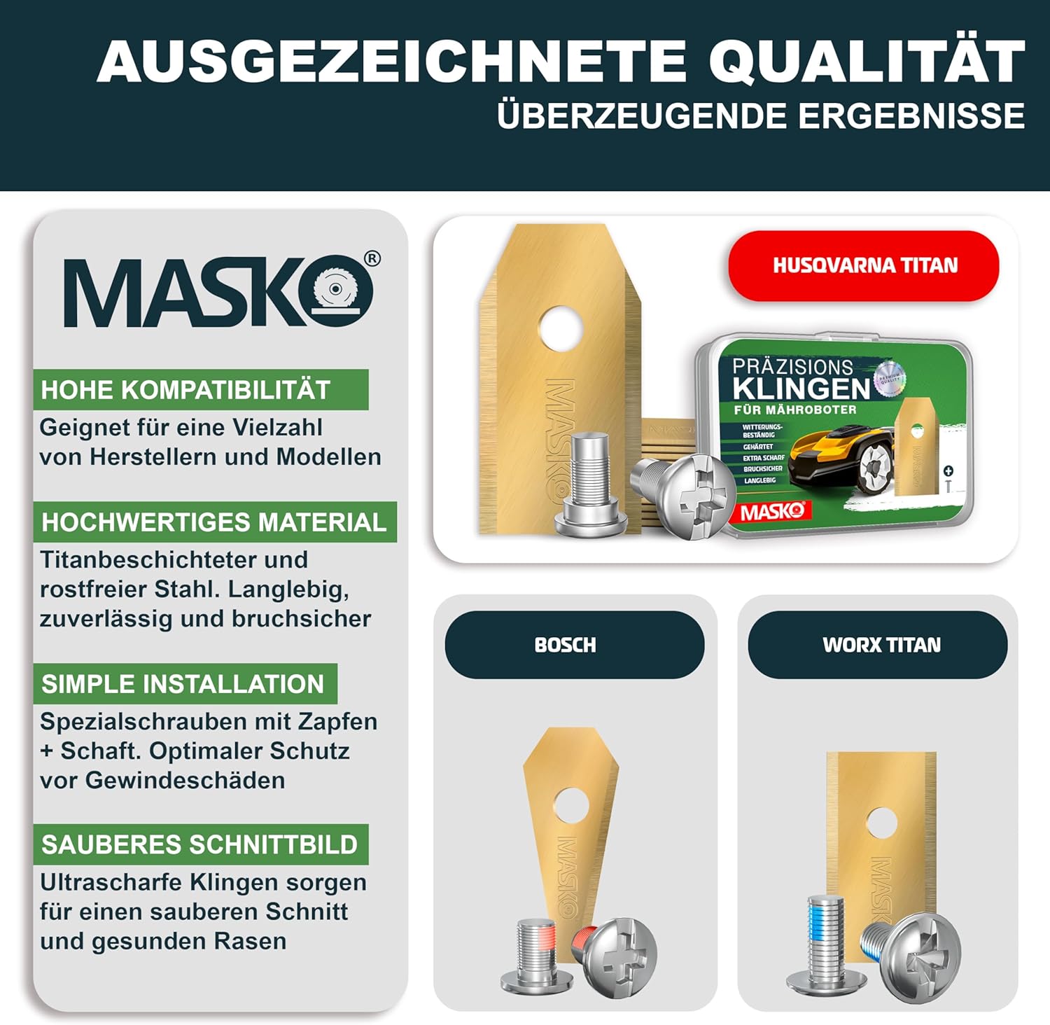 MASKO® Ersatzmesser Klingen für Mähroboter | Rasenmäher Messer universal inkl. innovativen Schrauben | Ersatzklingen Rasenroboter langlebig Titan-Beschichtung Kompatibel mit Gardena/Husqvarna 36 Stück — Ansicht 3