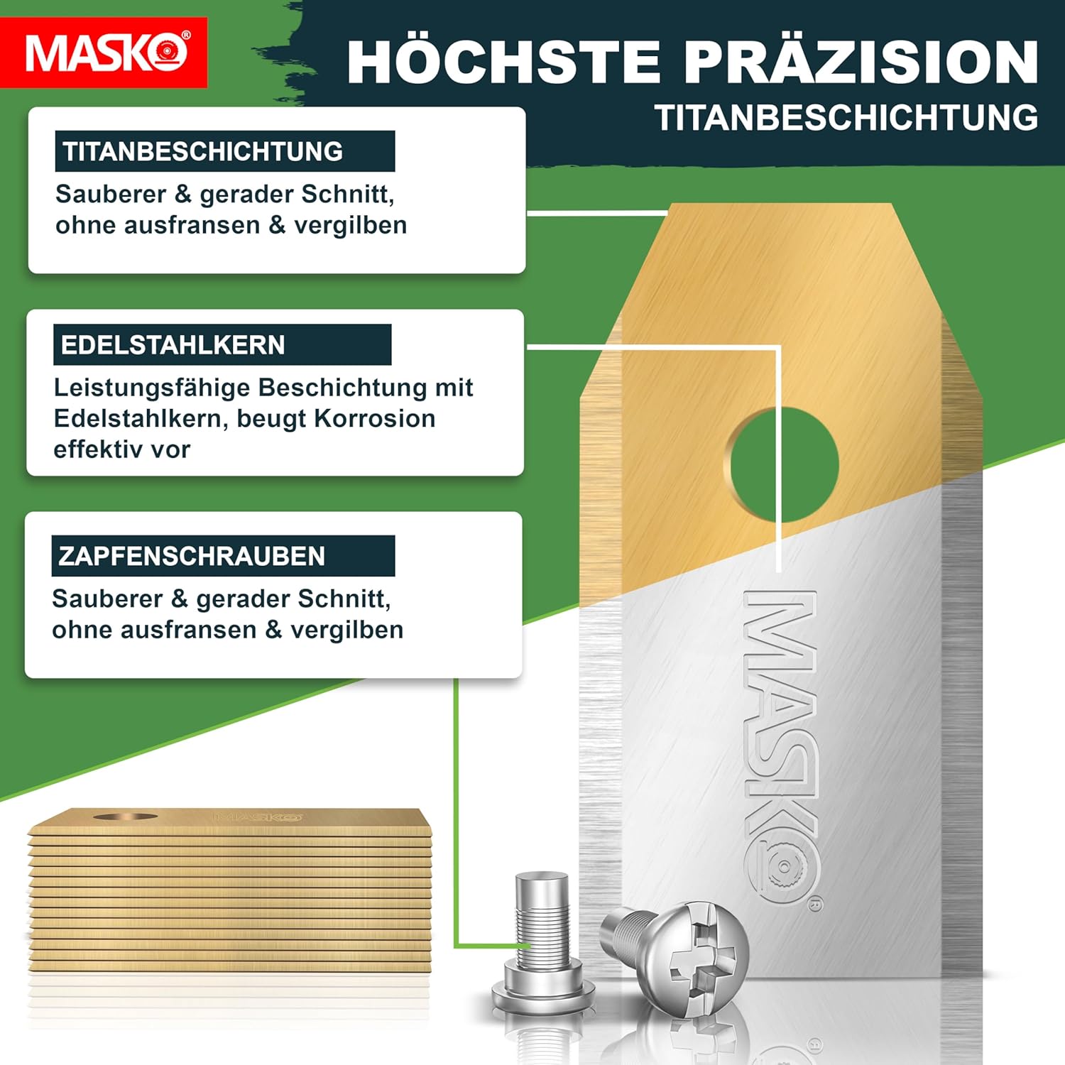 MASKO® Ersatzmesser Klingen für Mähroboter | Rasenmäher Messer universal inkl. innovativen Schrauben | Ersatzklingen Rasenroboter langlebig Titan-Beschichtung Kompatibel mit Gardena/Husqvarna 36 Stück — Ansicht 4
