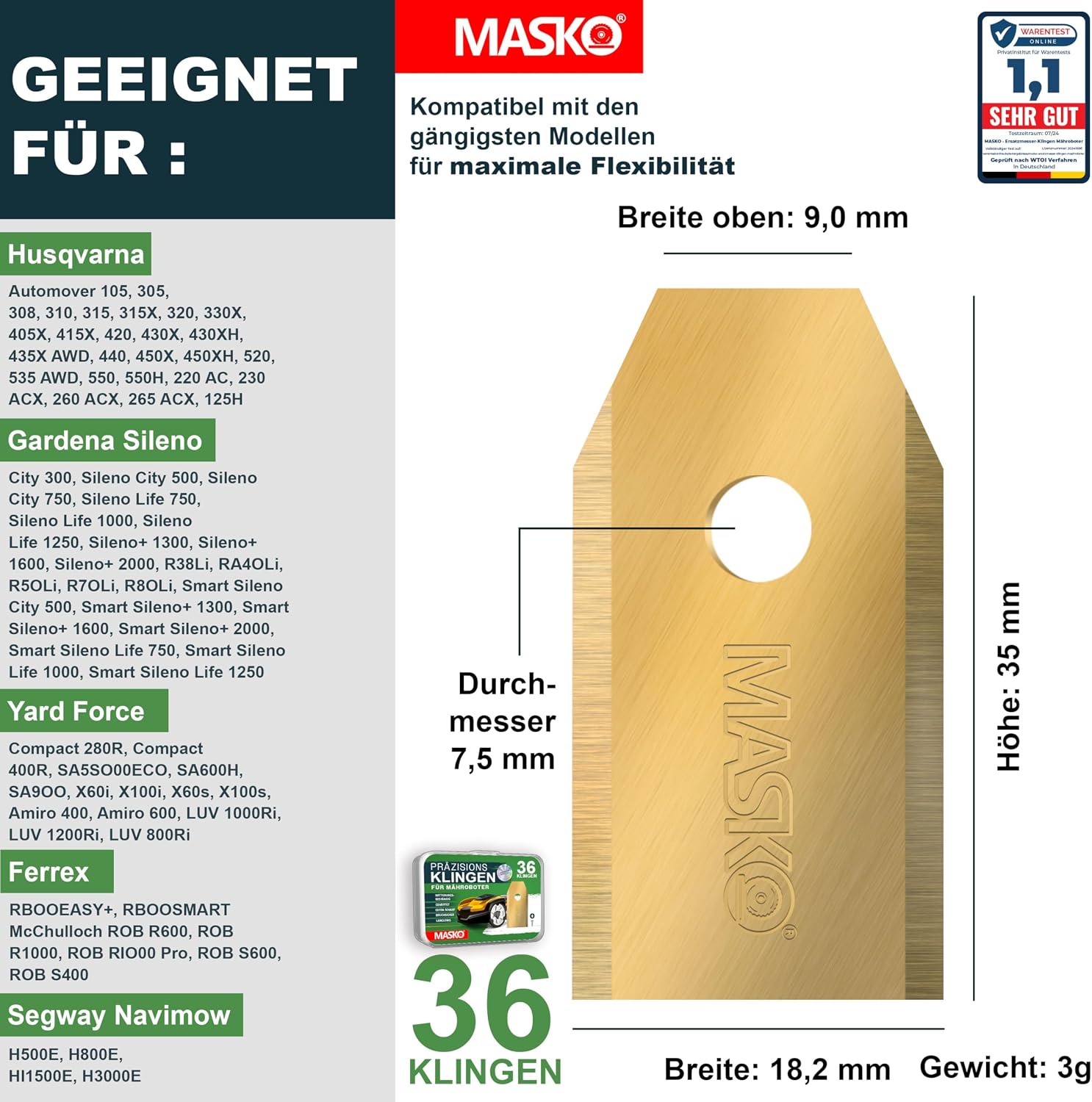 MASKO® Ersatzmesser Klingen für Mähroboter | Rasenmäher Messer universal inkl. innovativen Schrauben | Ersatzklingen Rasenroboter langlebig Titan-Beschichtung Kompatibel mit Gardena/Husqvarna 36 Stück — Ansicht 5